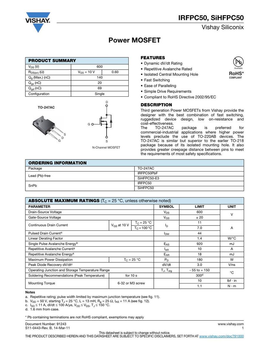 IRFPC50 International Rectifier Power MOSFET Module