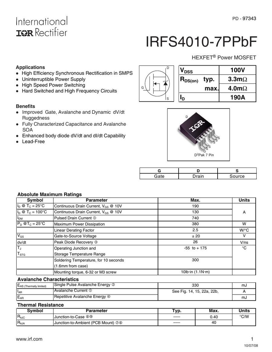 IRFS4010TRL7PP International Rectifier MOSFET Modules