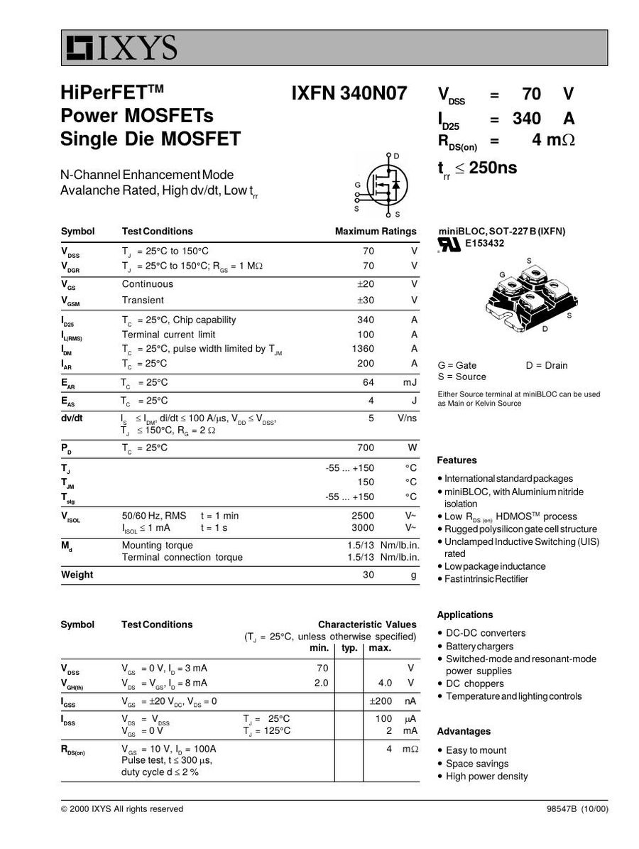 IXFN340N07 IXYS MOSFET Modules