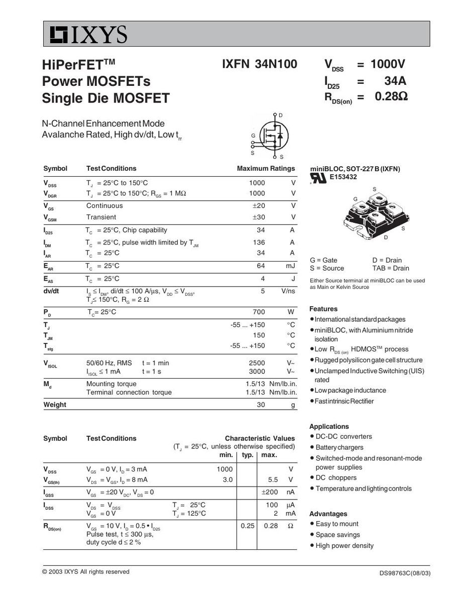 IXFN34N100, IXYS, HiPerFET™ Power MOSFETs - Single Die MOSFET N-Channel Enhancement Mode