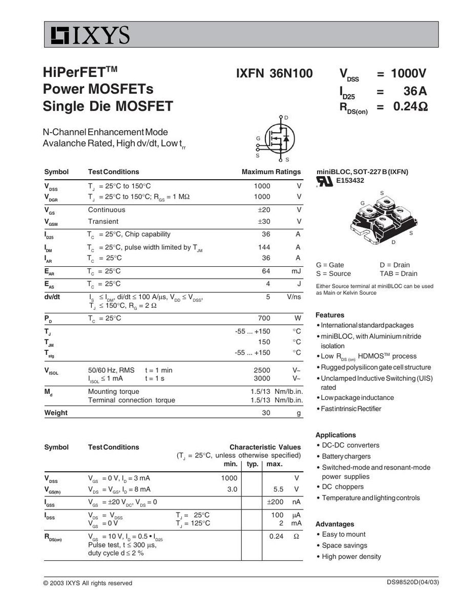 IXFN36N100 IXYS MOSFET Modules