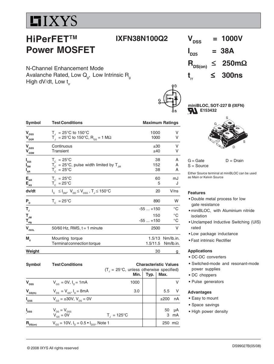 IXFN38N100Q2 IXYS MOSFET Modules