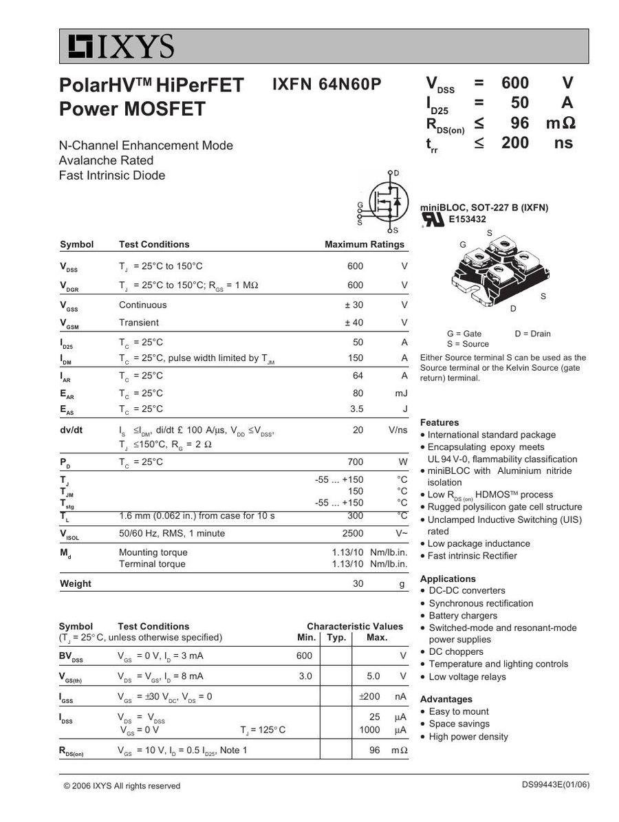 IXFN64N50P, IXYS, Power Transistor Module 