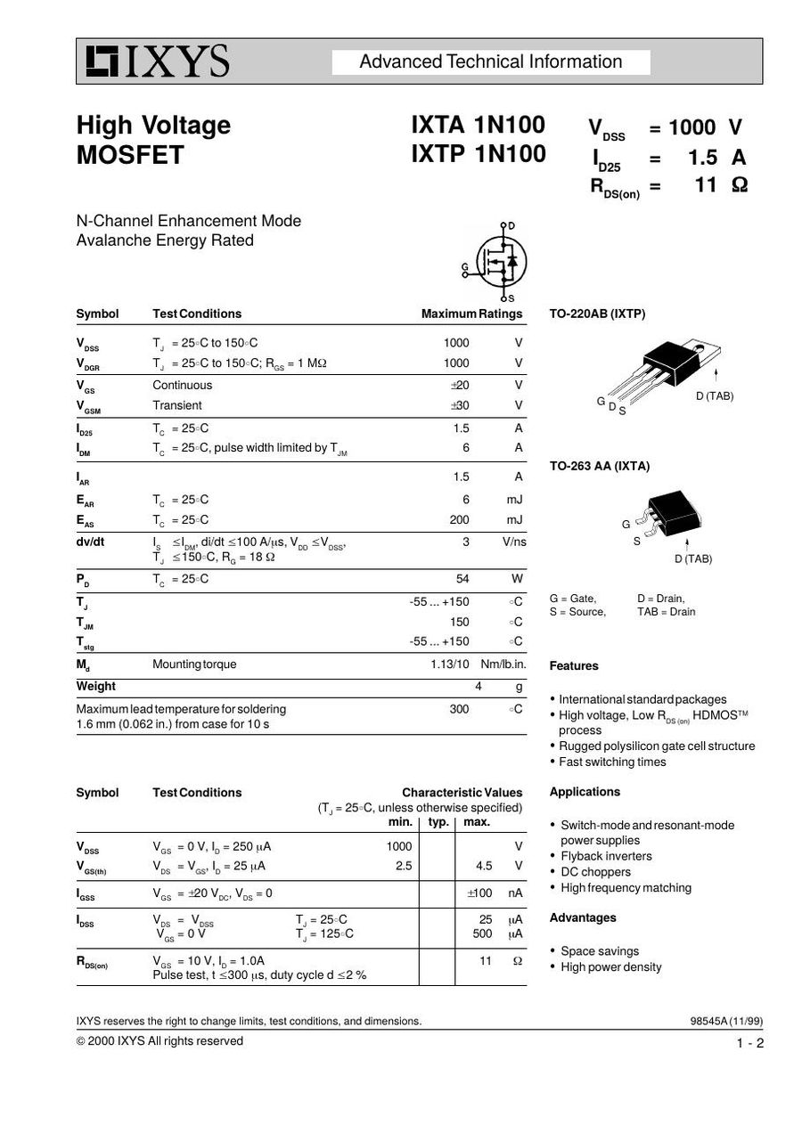 IXTA1N100 IXYS MOSFET Modules