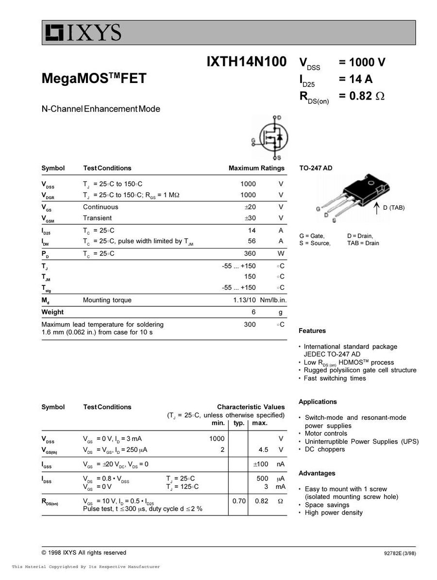 IXTH14N100 IXYS MOSFET Modules