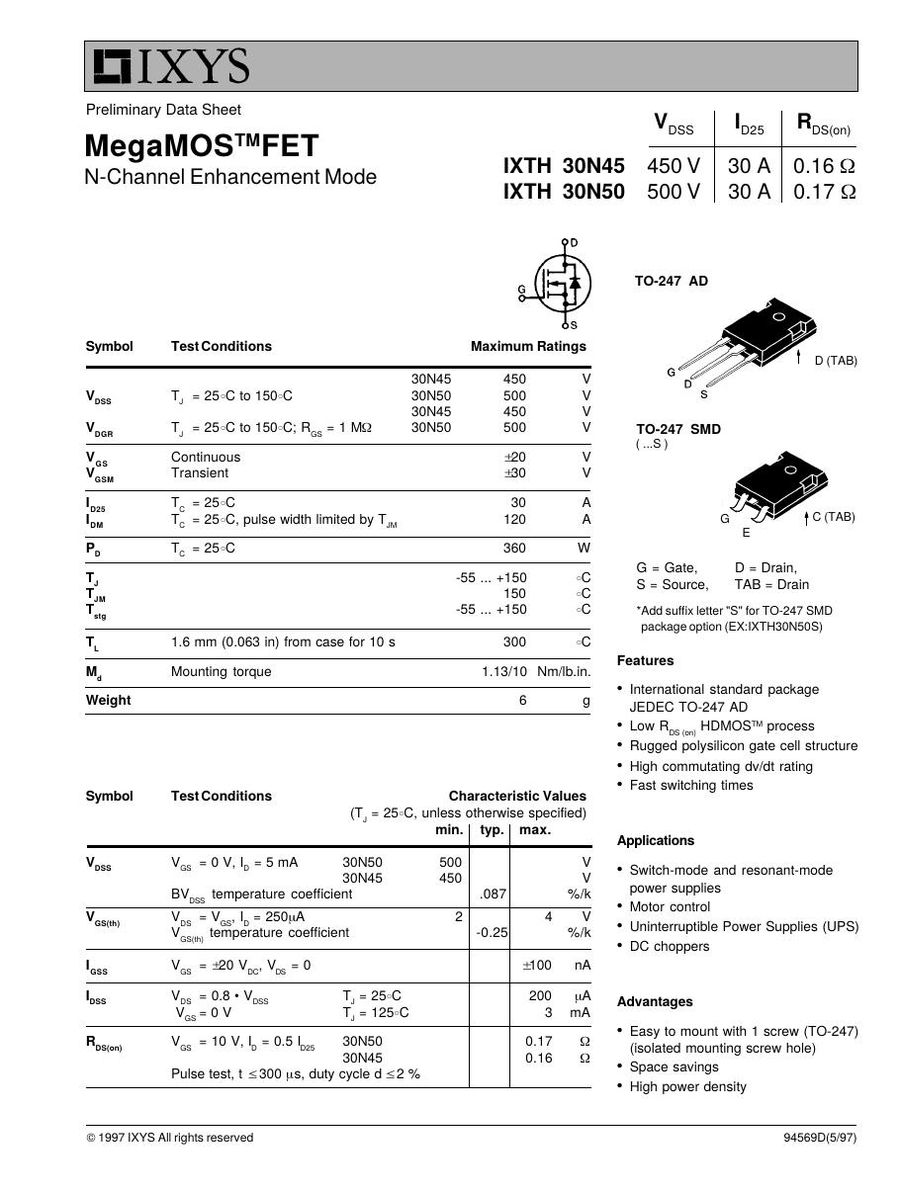 IXTH30N50 IXYS MOSFET Modules