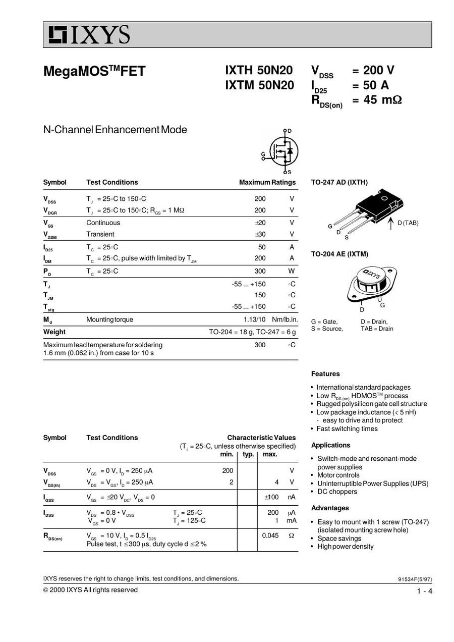 IXTH50N20 IXYS Bridge Rectifiers