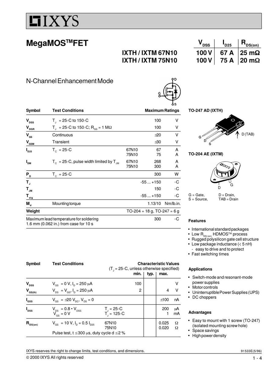 IXTH75N10 IXYS MOSFET Modules