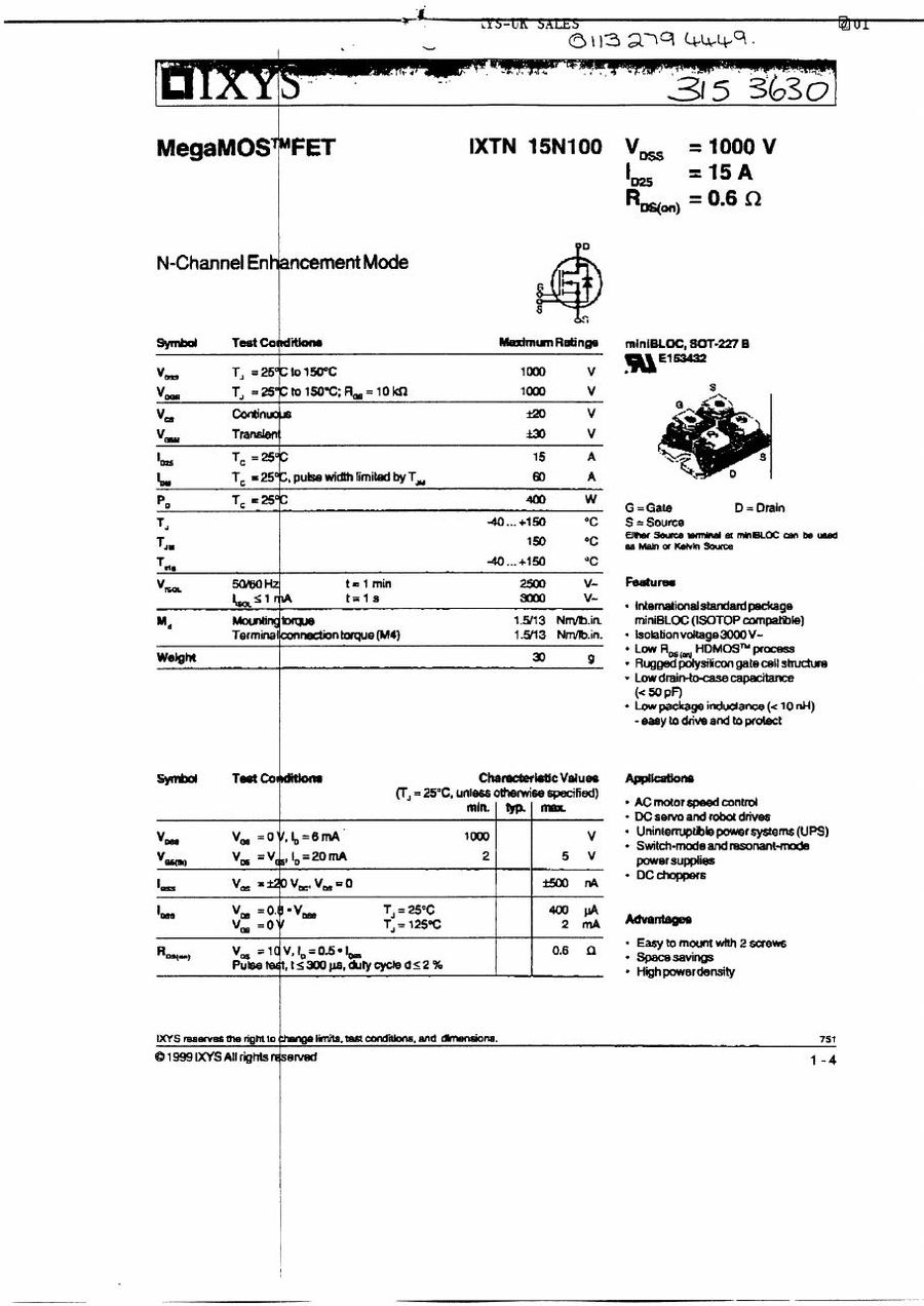 IXTN15N100 IXYS MOSFET Modules