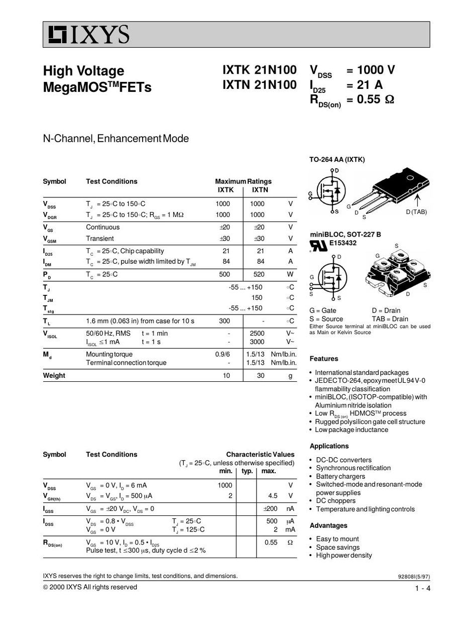 IXTN21N100 IXYS MOSFET Modules
