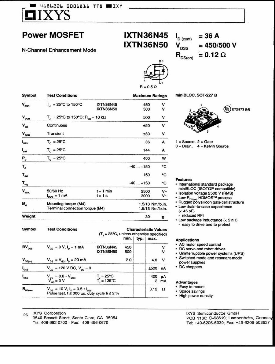 IXTN36N50 IXYS MOSFET Modules