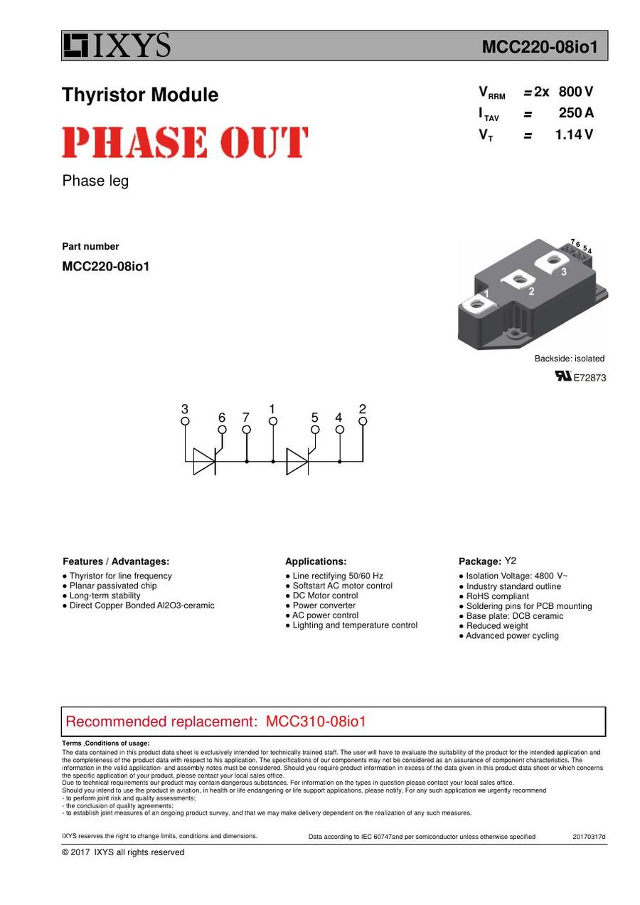 MCC220-08io1 IXYS Thyristor & SCR Modules