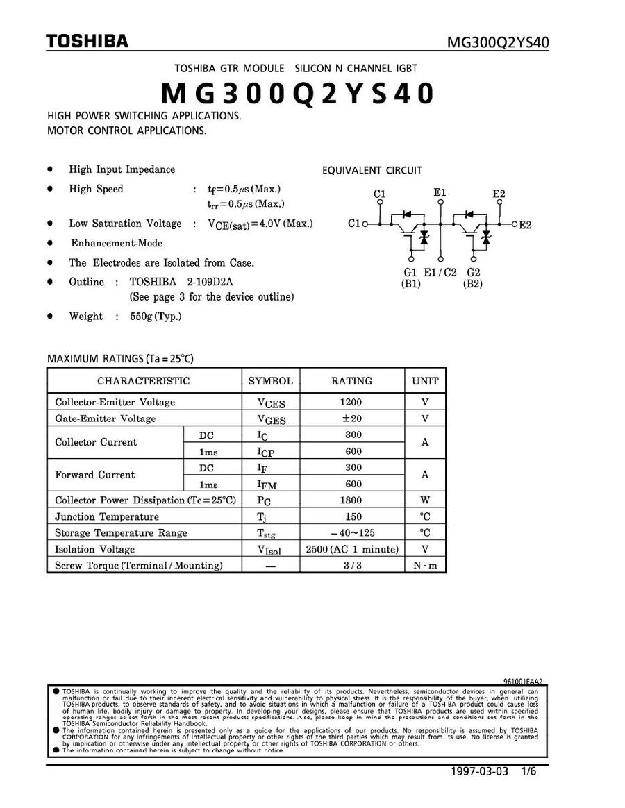 MG300Q2YS40-45 Toshiba Darlington / Bipolar Transistor Modules