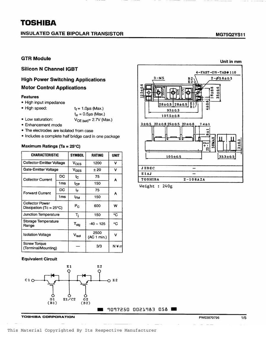 MG75Q2YS44, Toshiba, Power Module