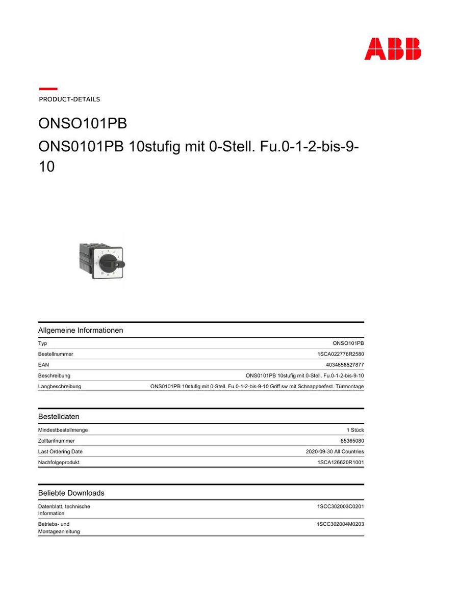 ONS0101PB, ABB, Cam Switch