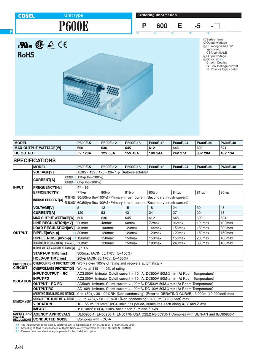 P600E-5 Cosel Power Supplies & DC-DC Converters
