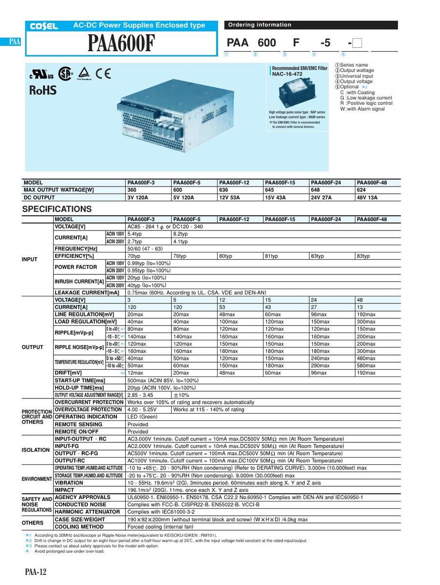 PAA600F-3 Cosel Power Supplies & DC-DC Converters
