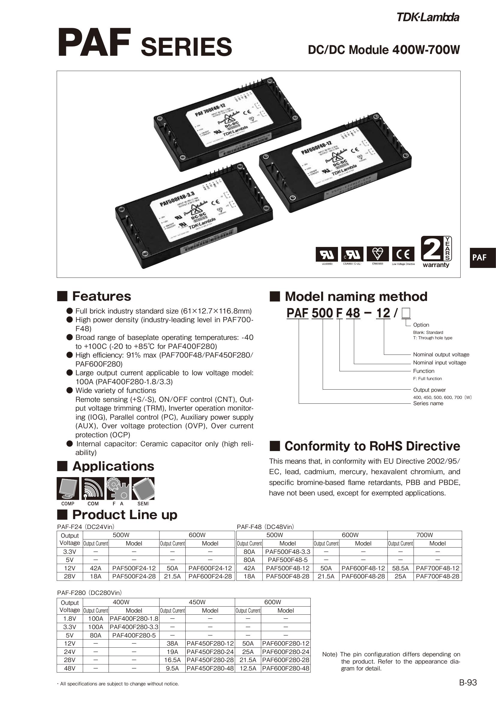 PAF600F280-24 TDK-Lambda Power Supplies & DC-DC Converters