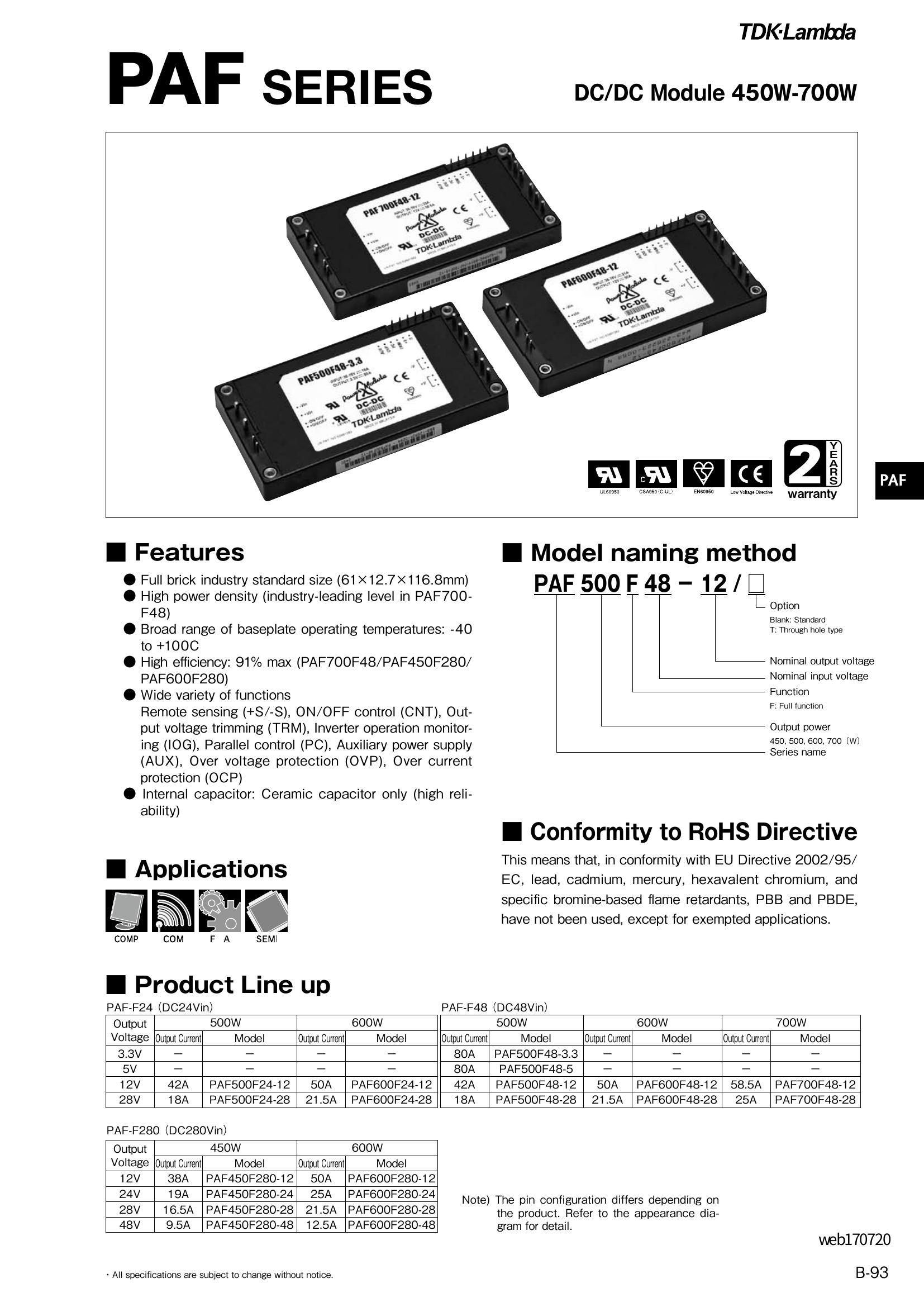 PAF600F280-48 TDK-Lambda Power Supplies & DC-DC Converters