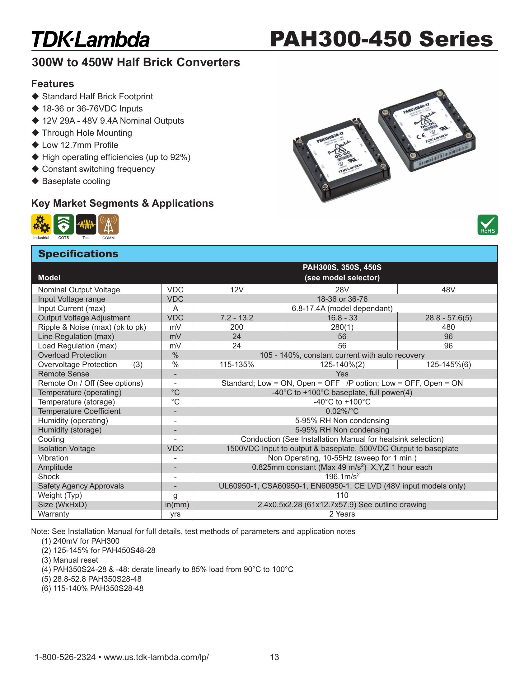 PAH450S48-48 TDK-Lambda Power Supplies & DC-DC Converters