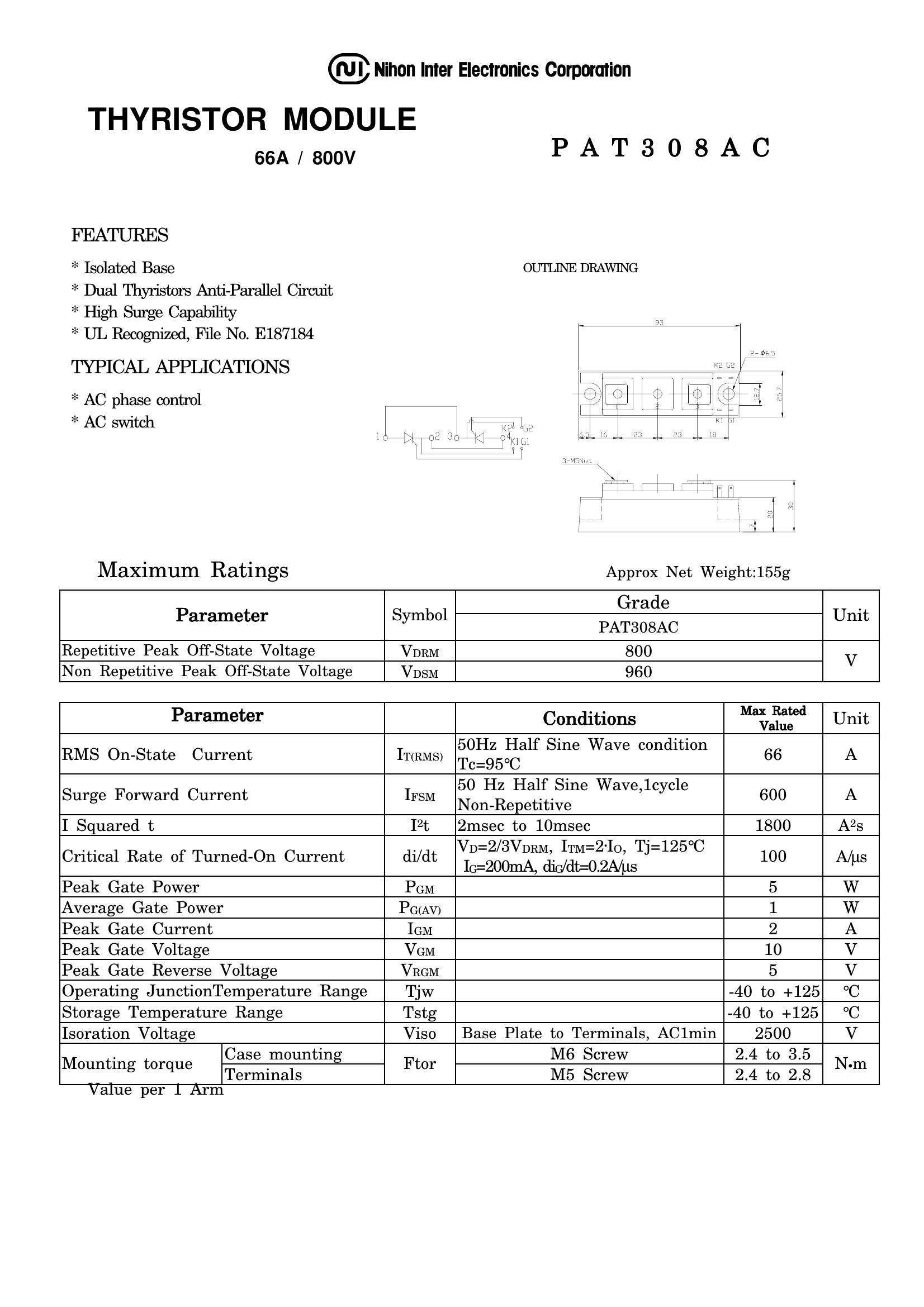 PAT308AC NIEC Thyristor & SCR Modules