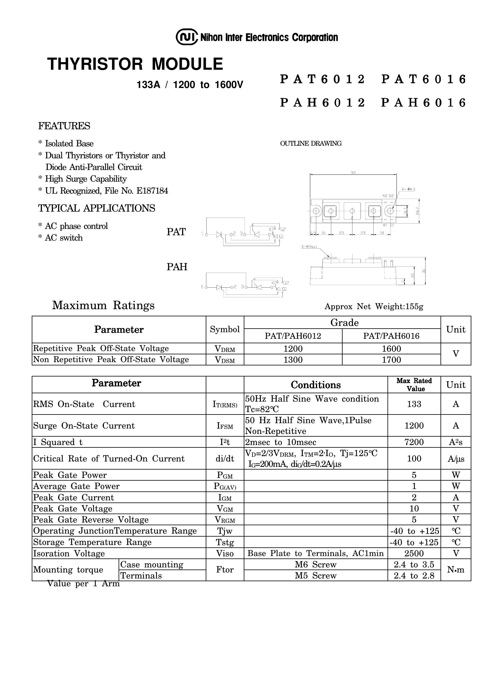 PAT6016 NIEC Thyristor / Diode Module