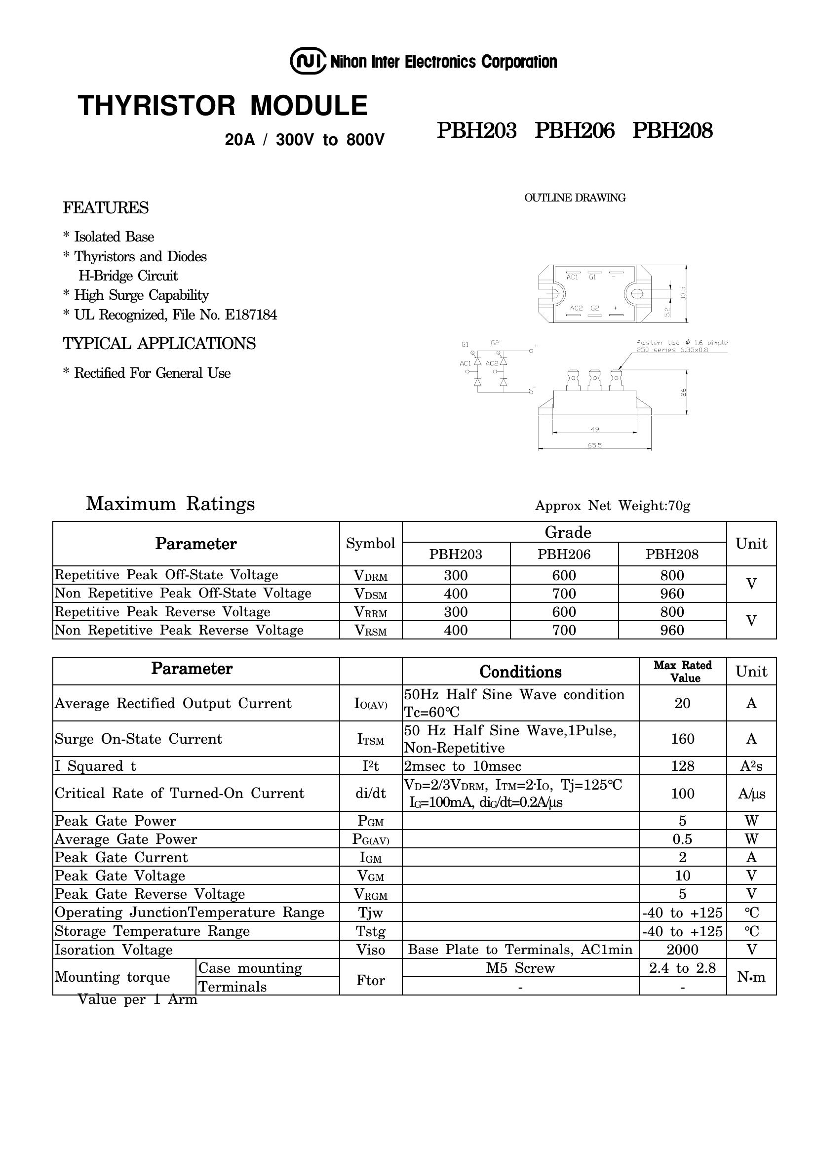 PBH208 NIEC Thyristor / Diode Module