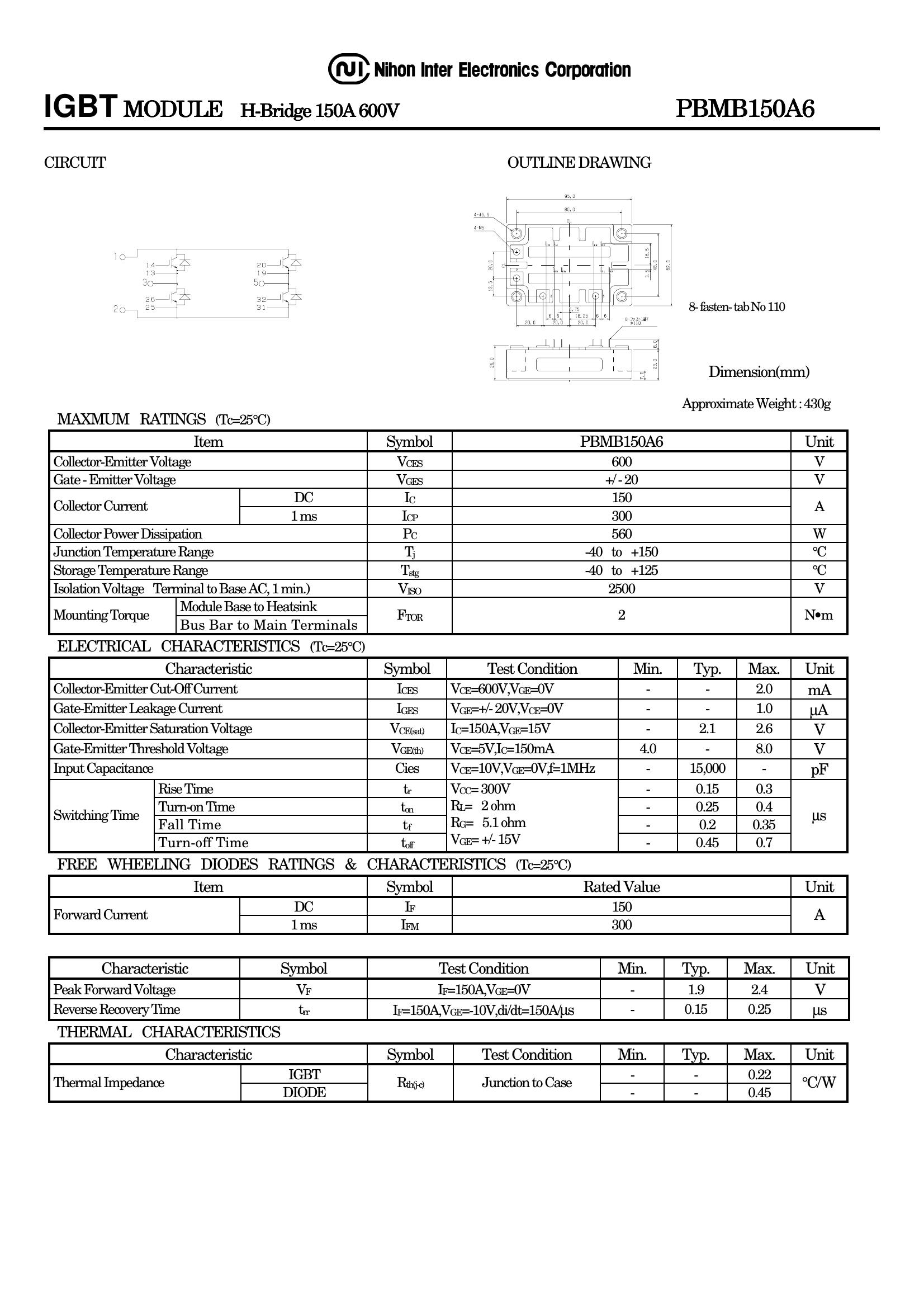 PBMB150A6 NIEC IGBT Modules