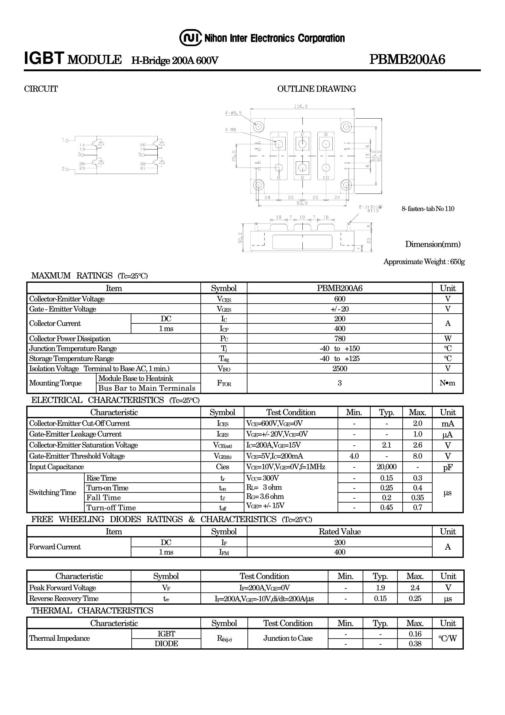 PBMB200A6 NIEC IGBT Modules