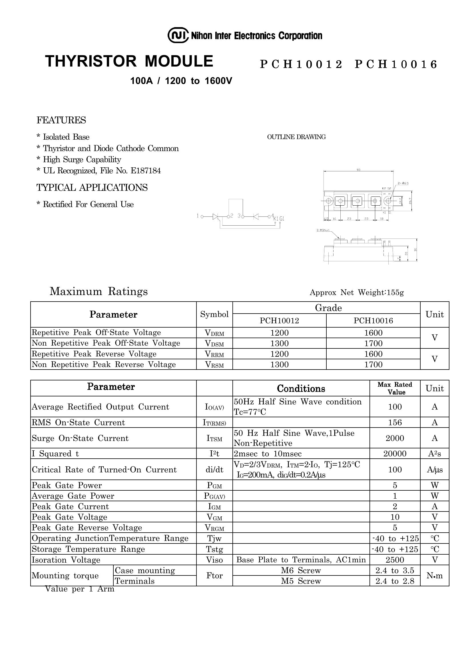 PCH10016 NIEC Thyristor & SCR Modules