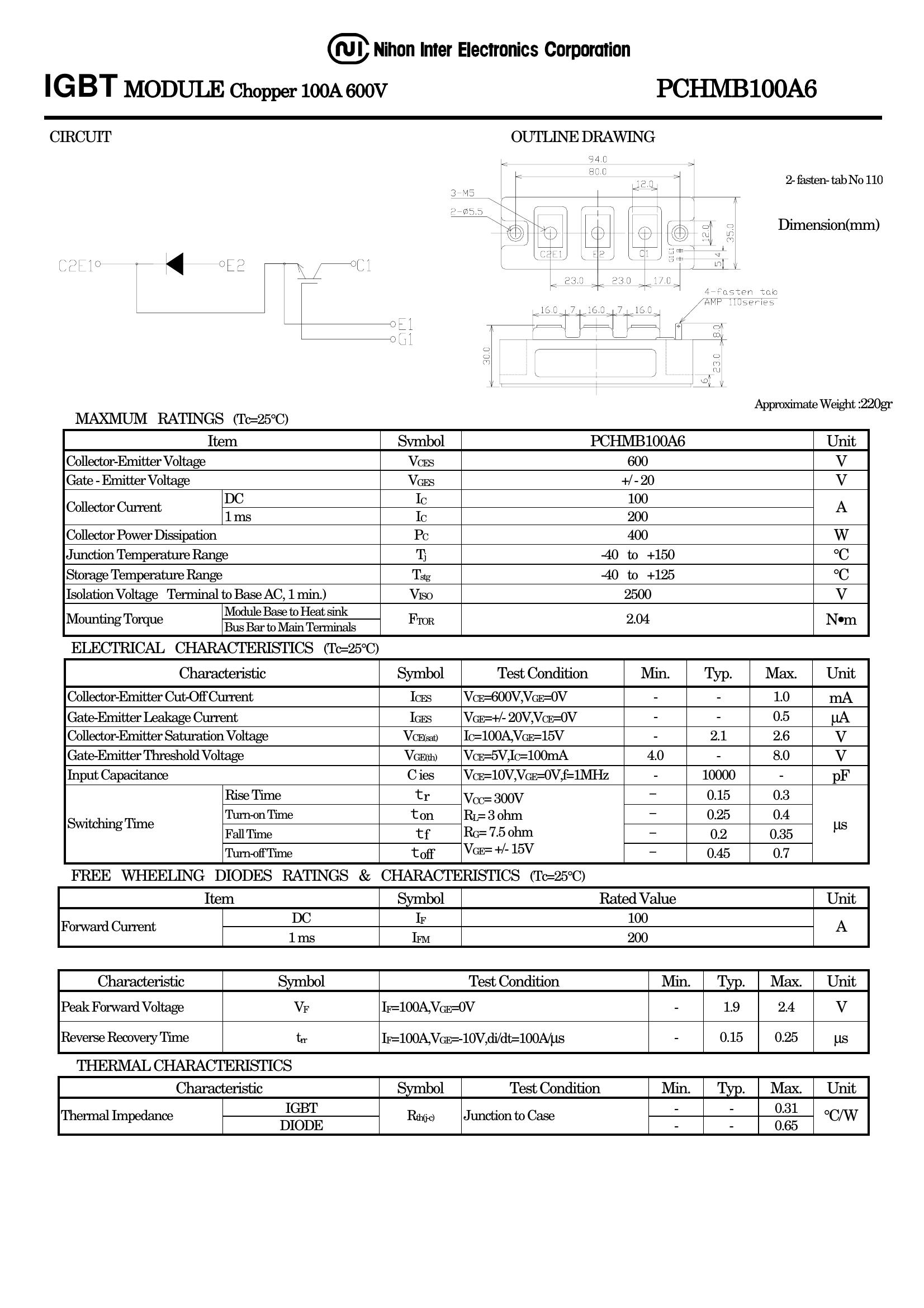 PCHMB100A6 NIEC IGBT Modules