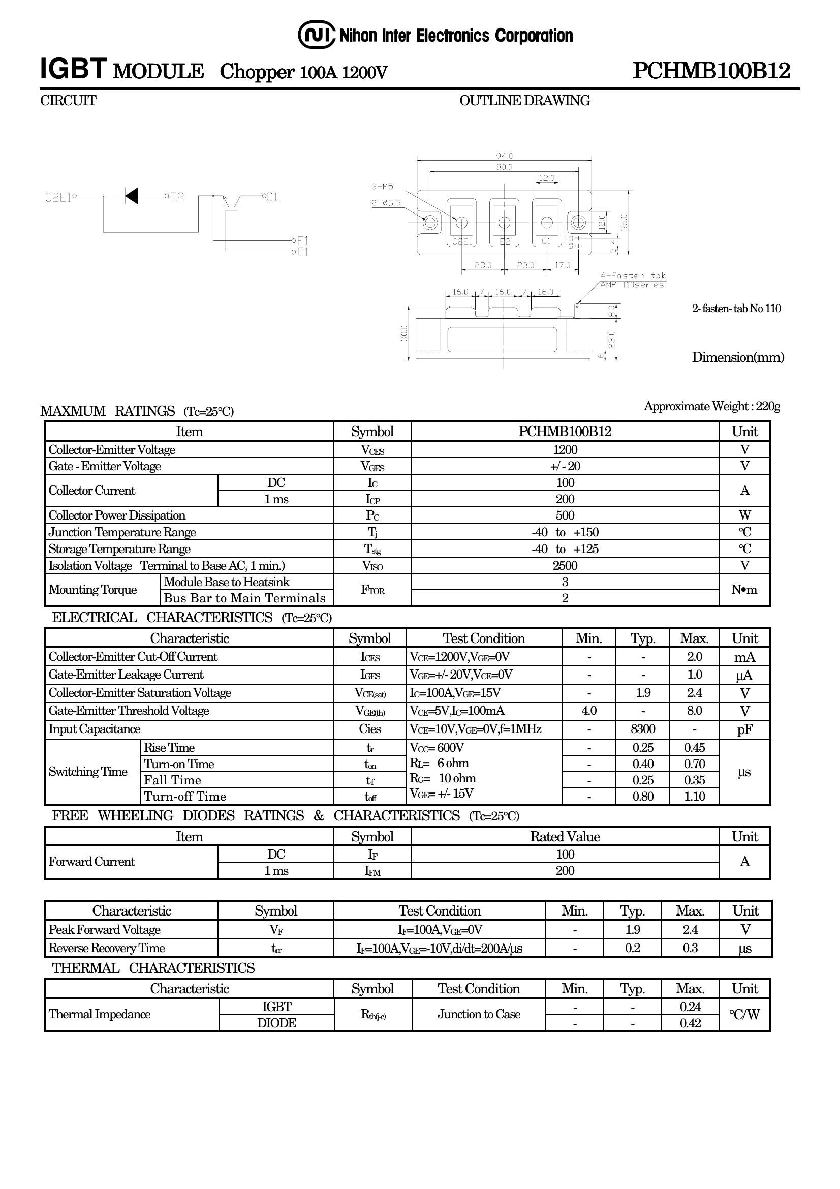 PCHMB100B12 NIEC IGBT Modules