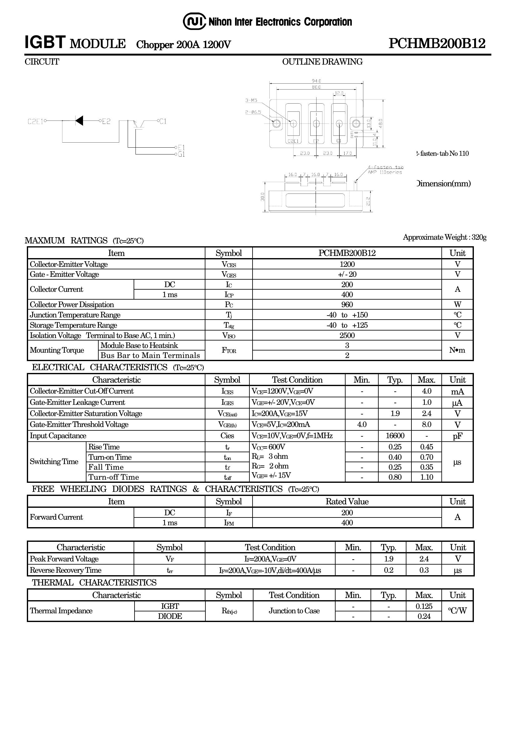 PCHMB200B12 NIEC IGBT Modules