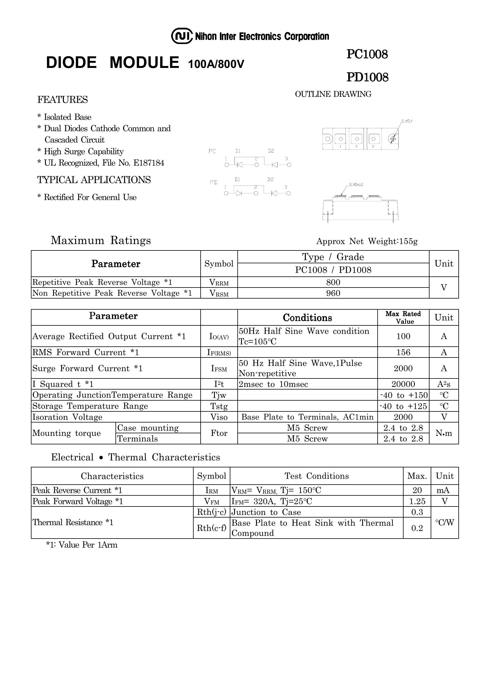 PD1008AC NIEC Diode & Rectifier Modules
