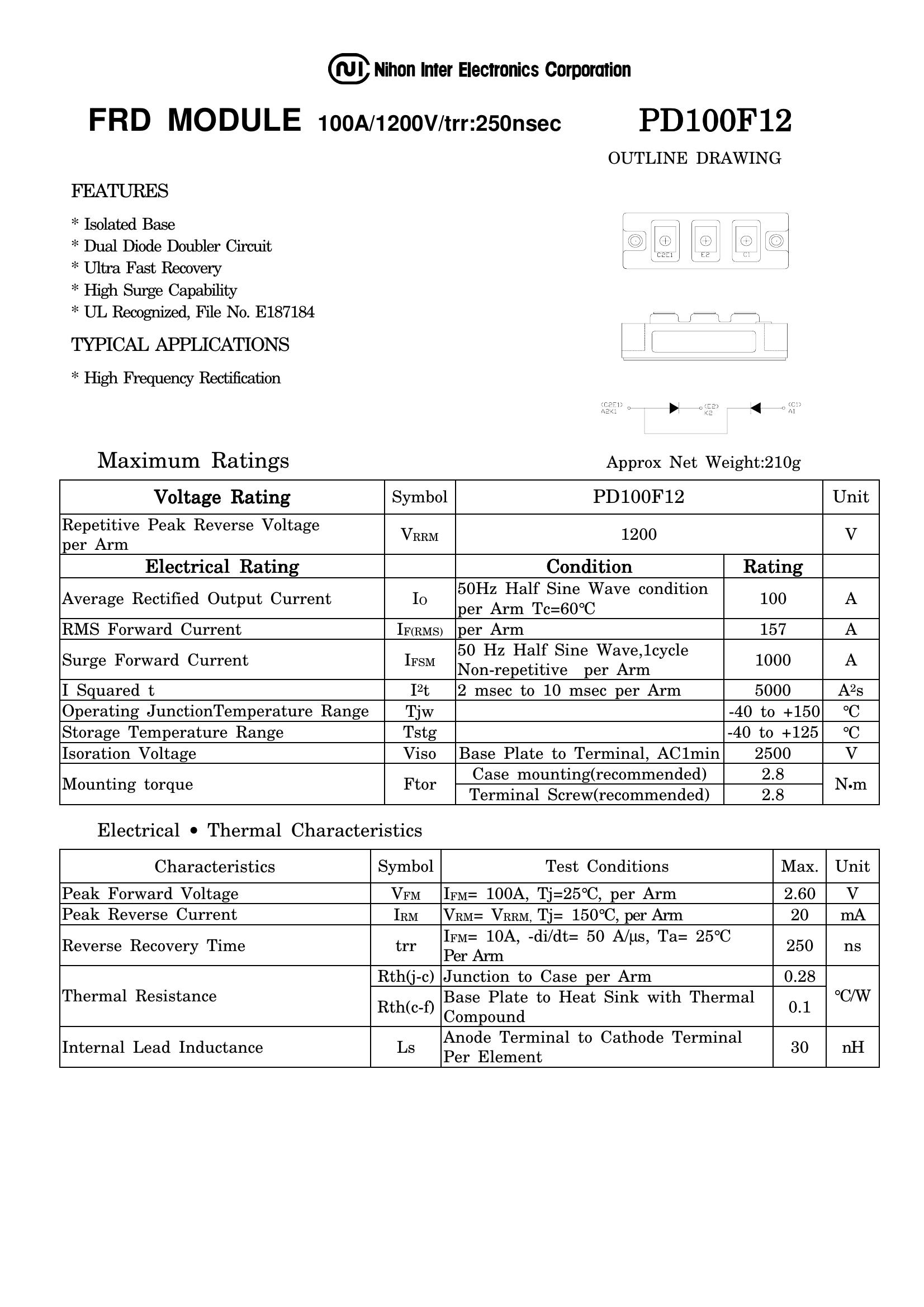 PD100F12 NIEC Thyristor & SCR Modules