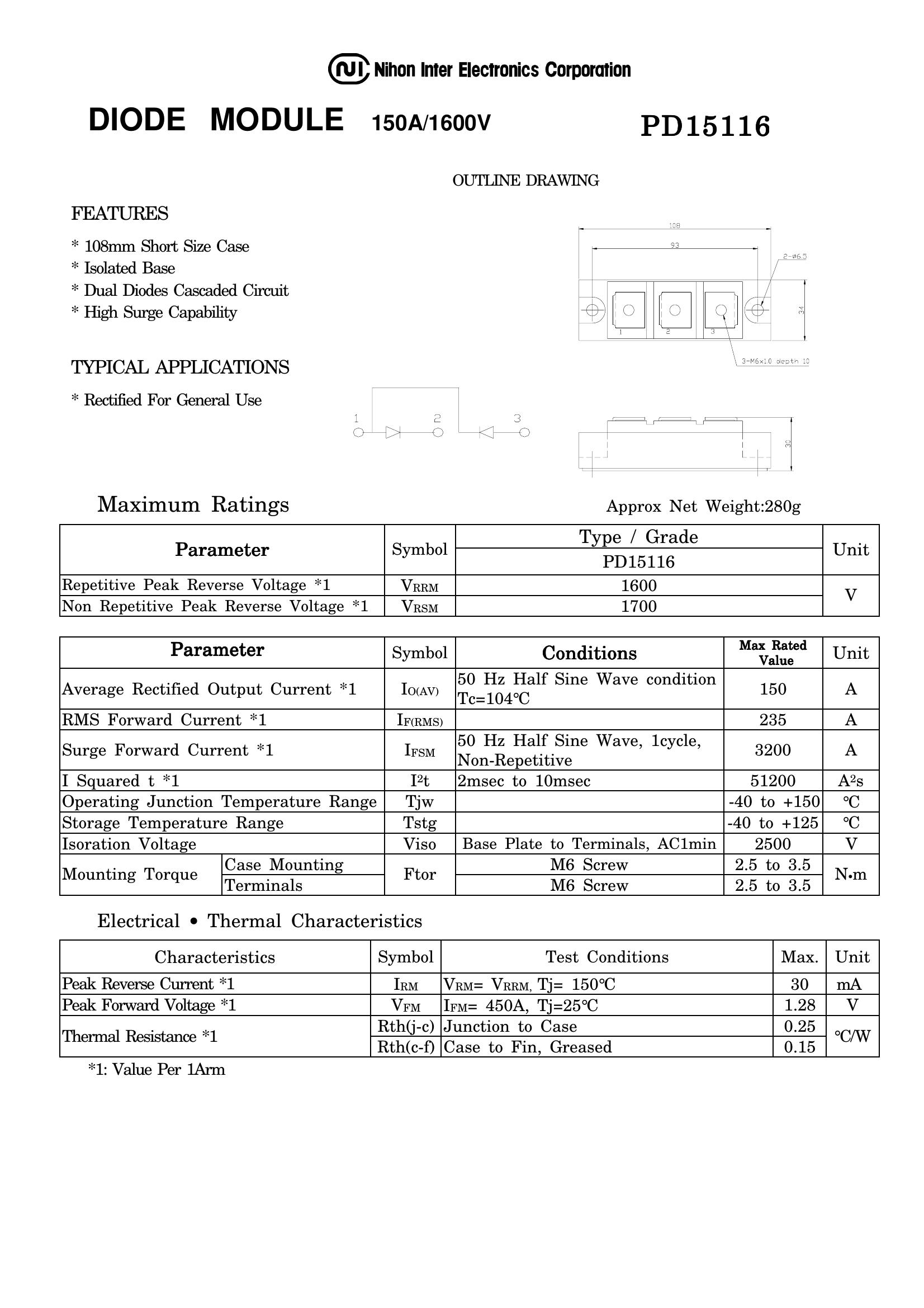 PD15116 NIEC Thyristor & SCR Modules