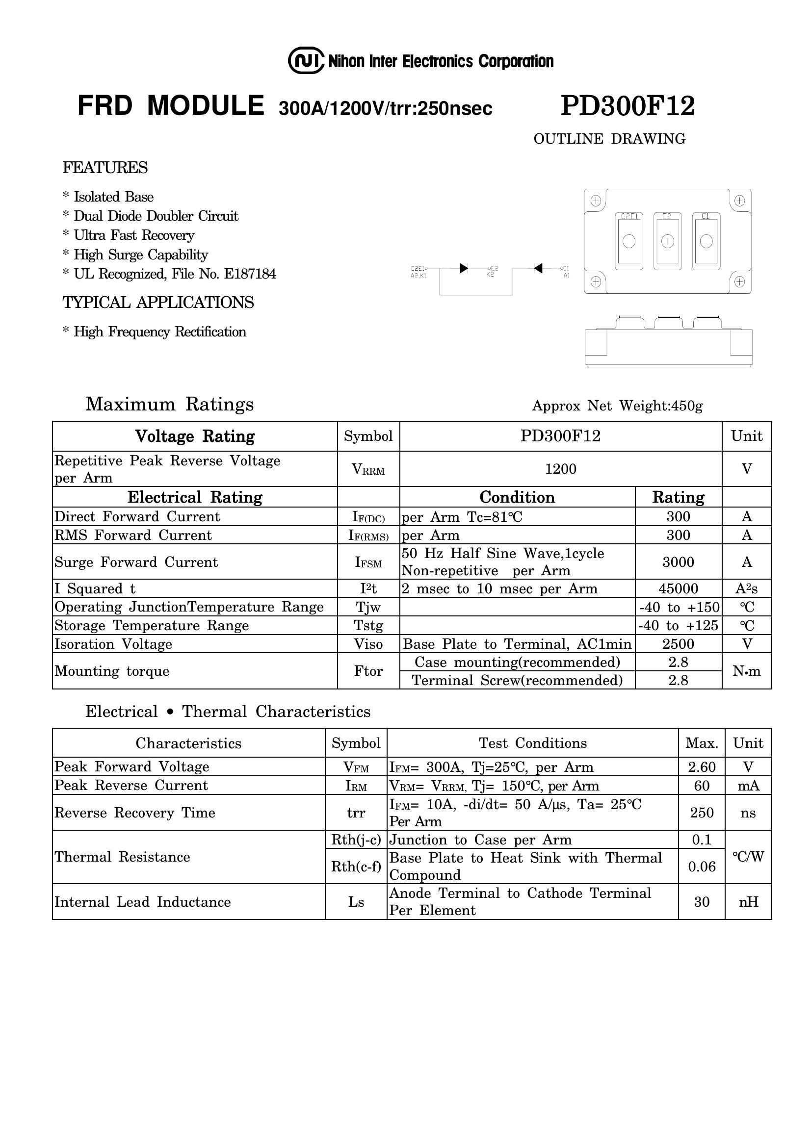 PD300F12 NIEC Thyristor & SCR Modules