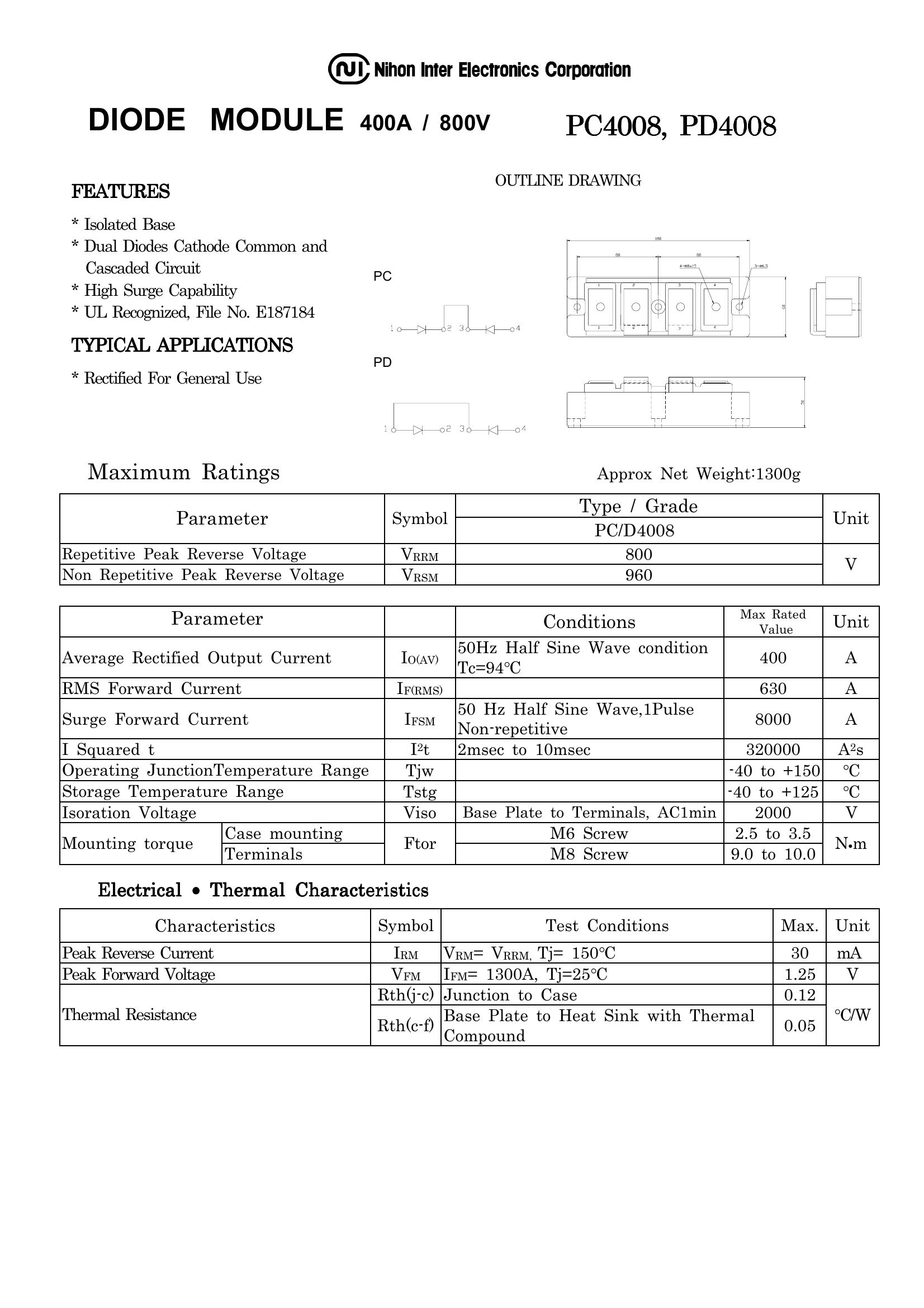 PD4008 NIEC Thyristor & SCR Modules