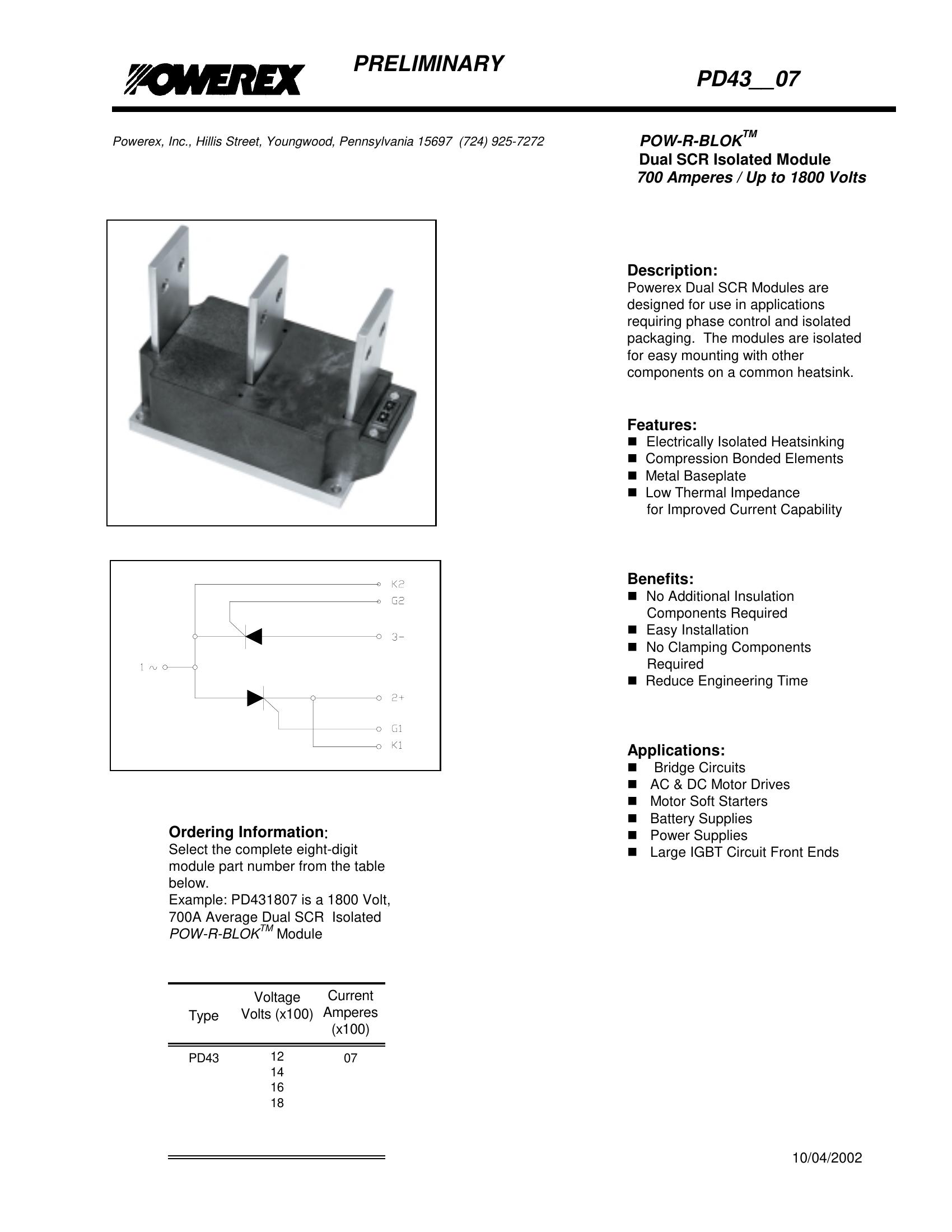 PD431807 NIEC Thyristor & SCR Modules