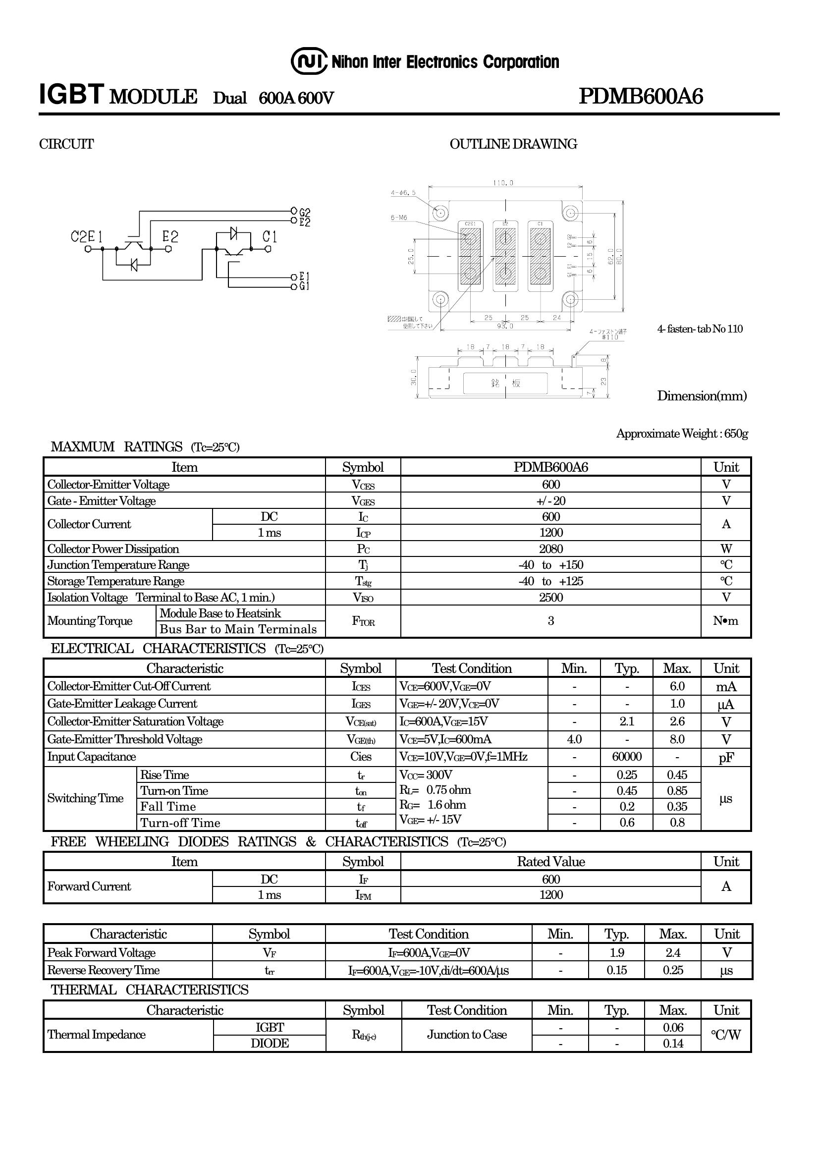 PDMB600A6 NIEC IGBT Modules
