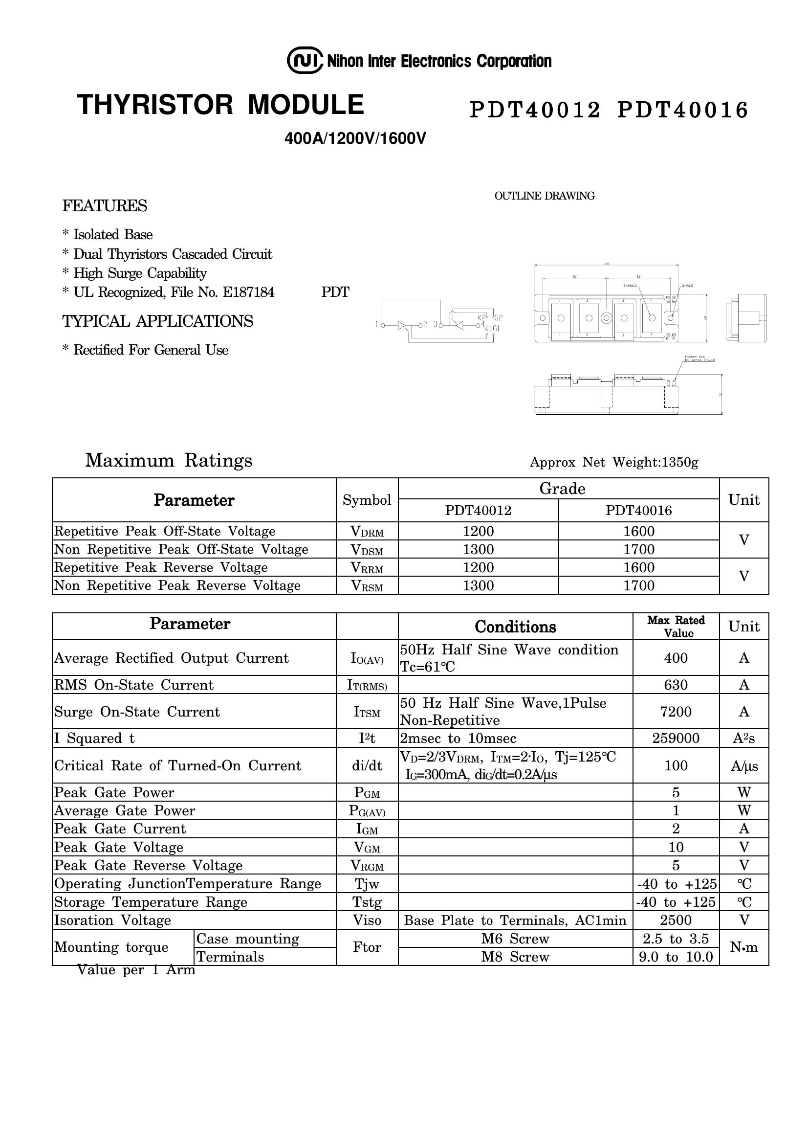 PDT40016 NIEC Thyristor & SCR Modules