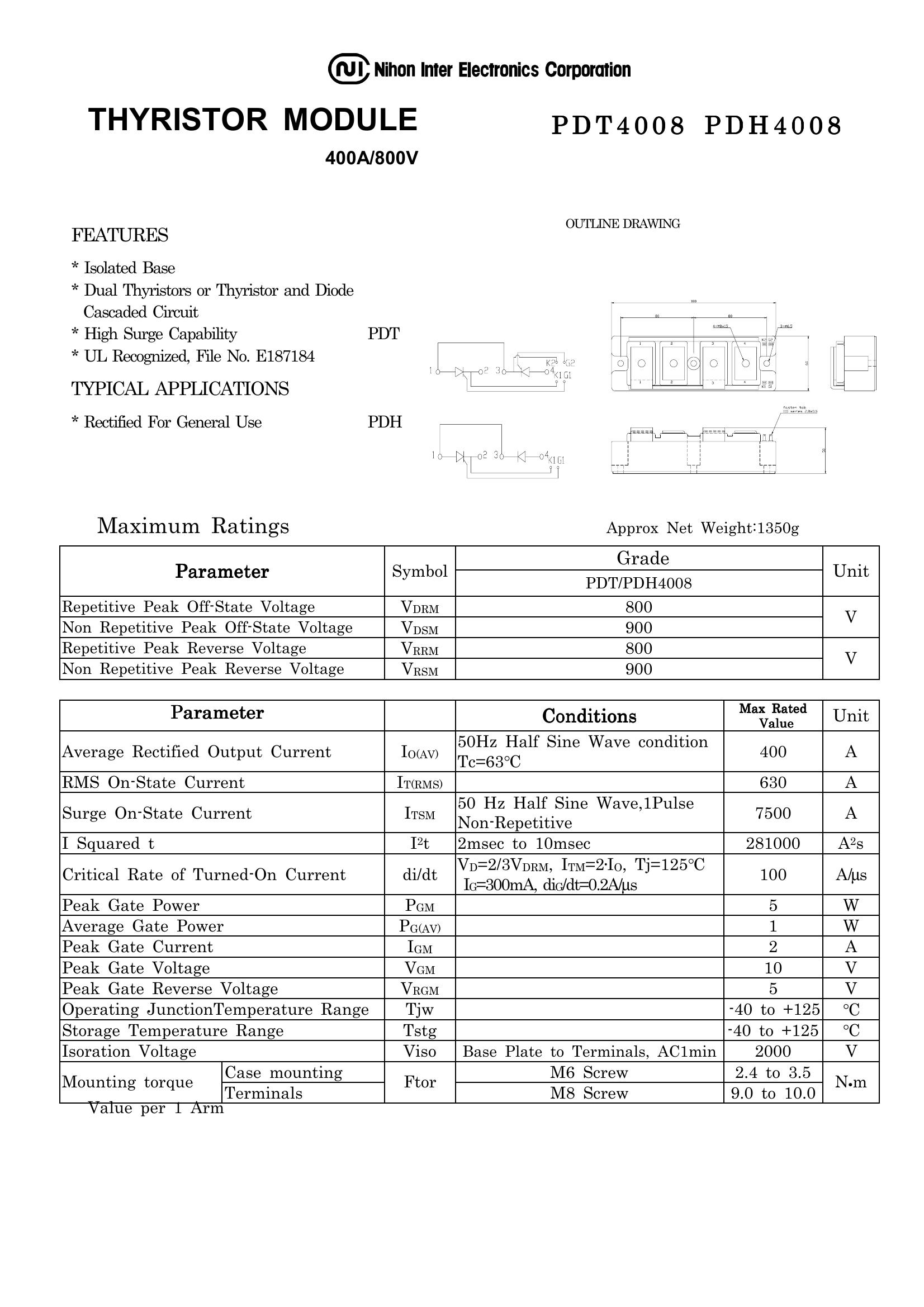 PDT4008 NIEC Thyristor & SCR Modules