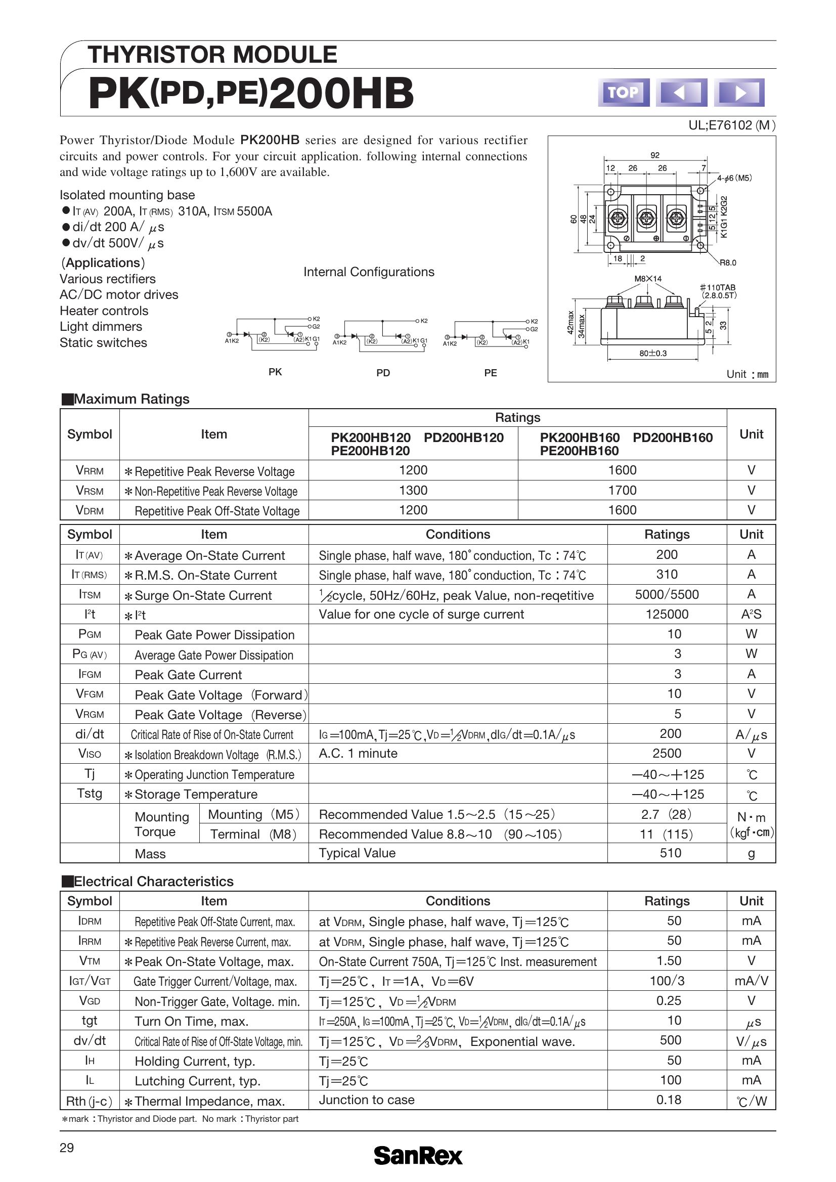 PE200HB160 SanRex Thyristor / Diode Module