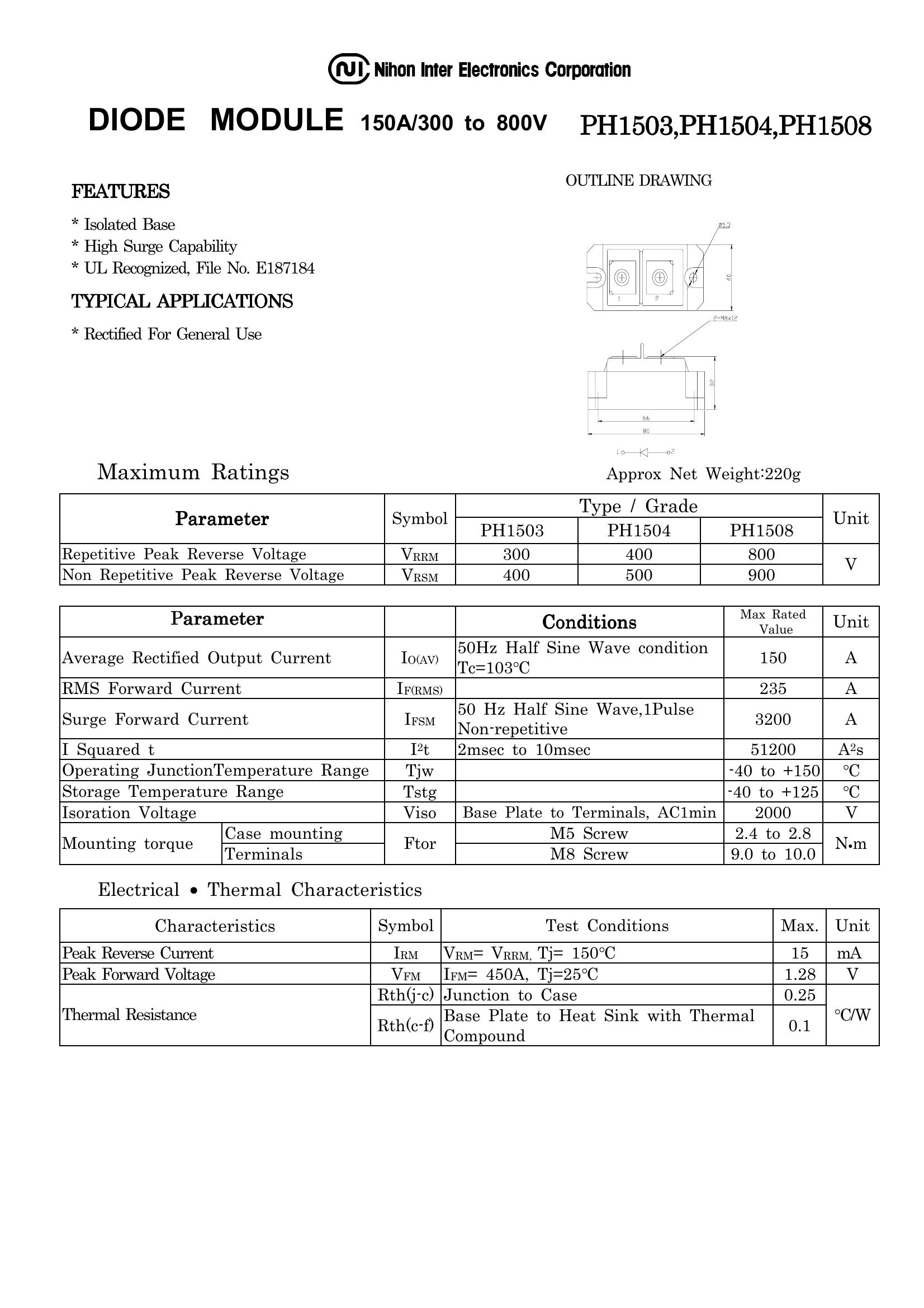 PH1504 NIEC Thyristor & SCR Modules