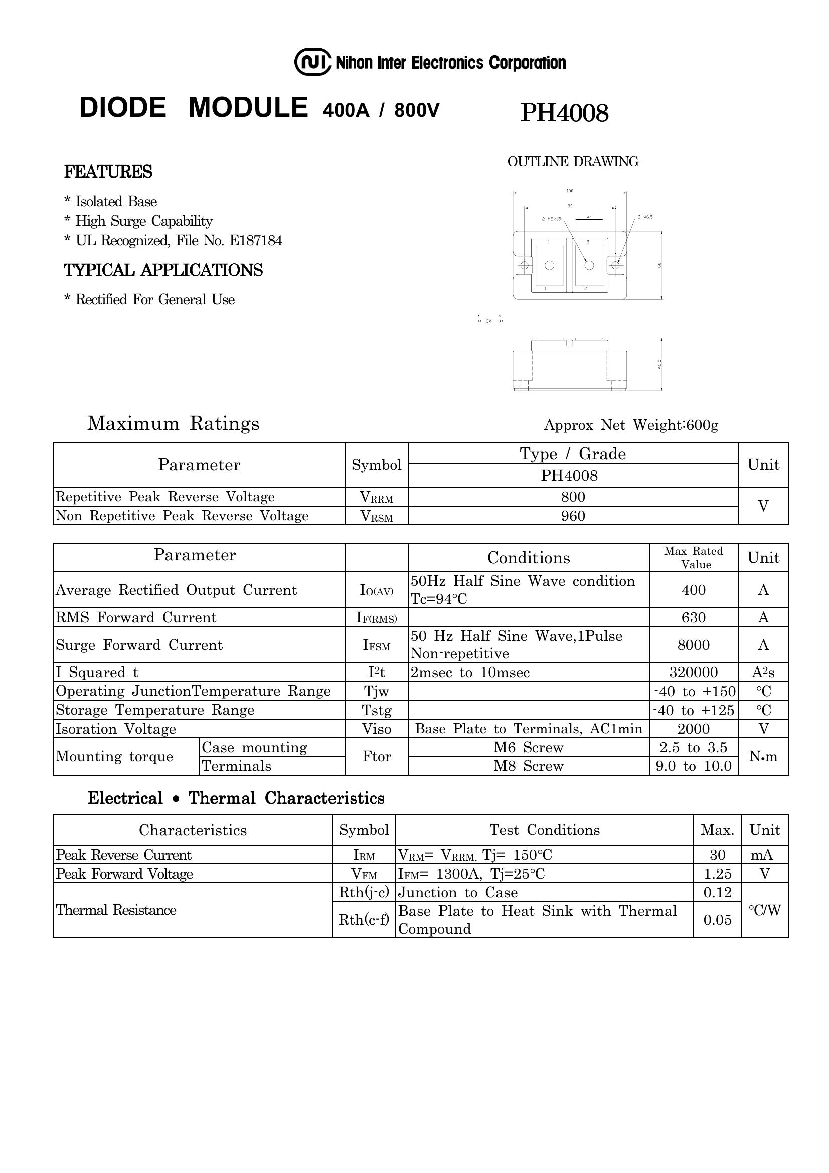 PH4008 NIEC Thyristor & SCR Modules