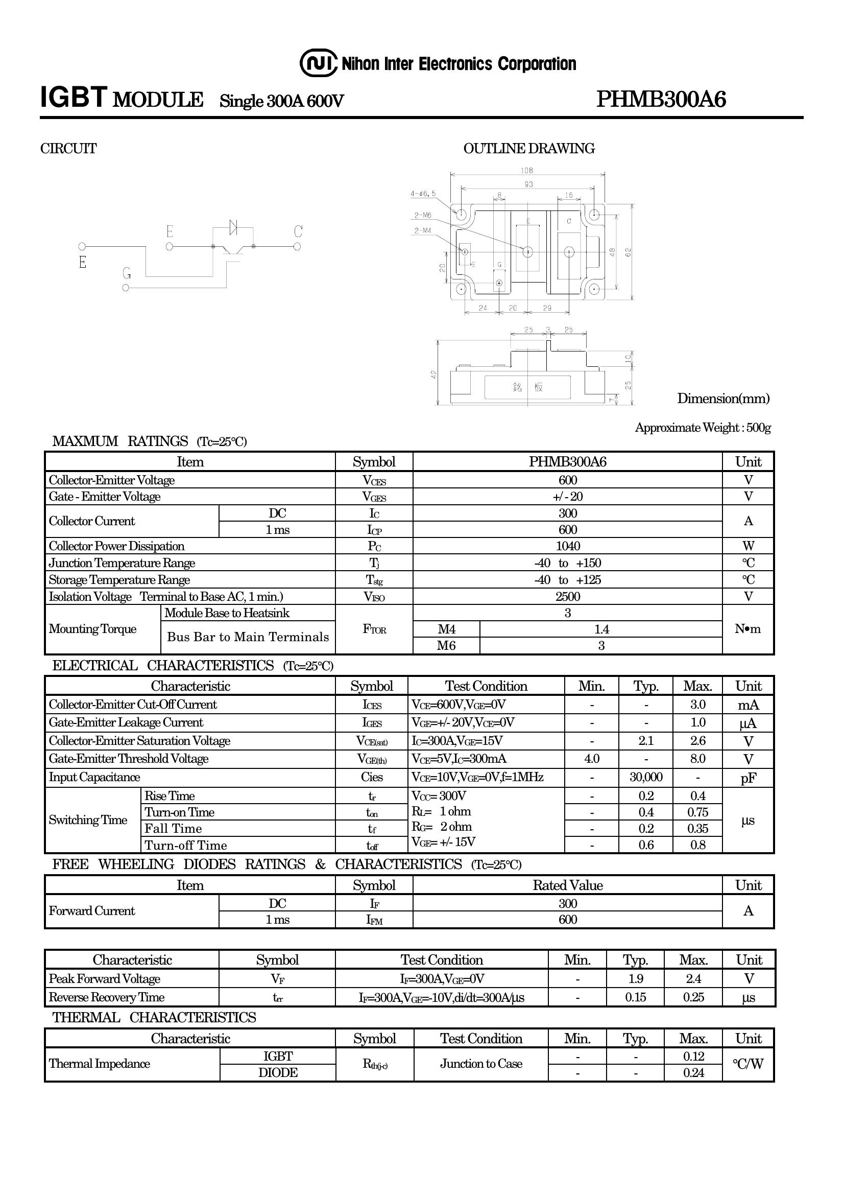 PHMB300A6 NIEC IGBT Modules