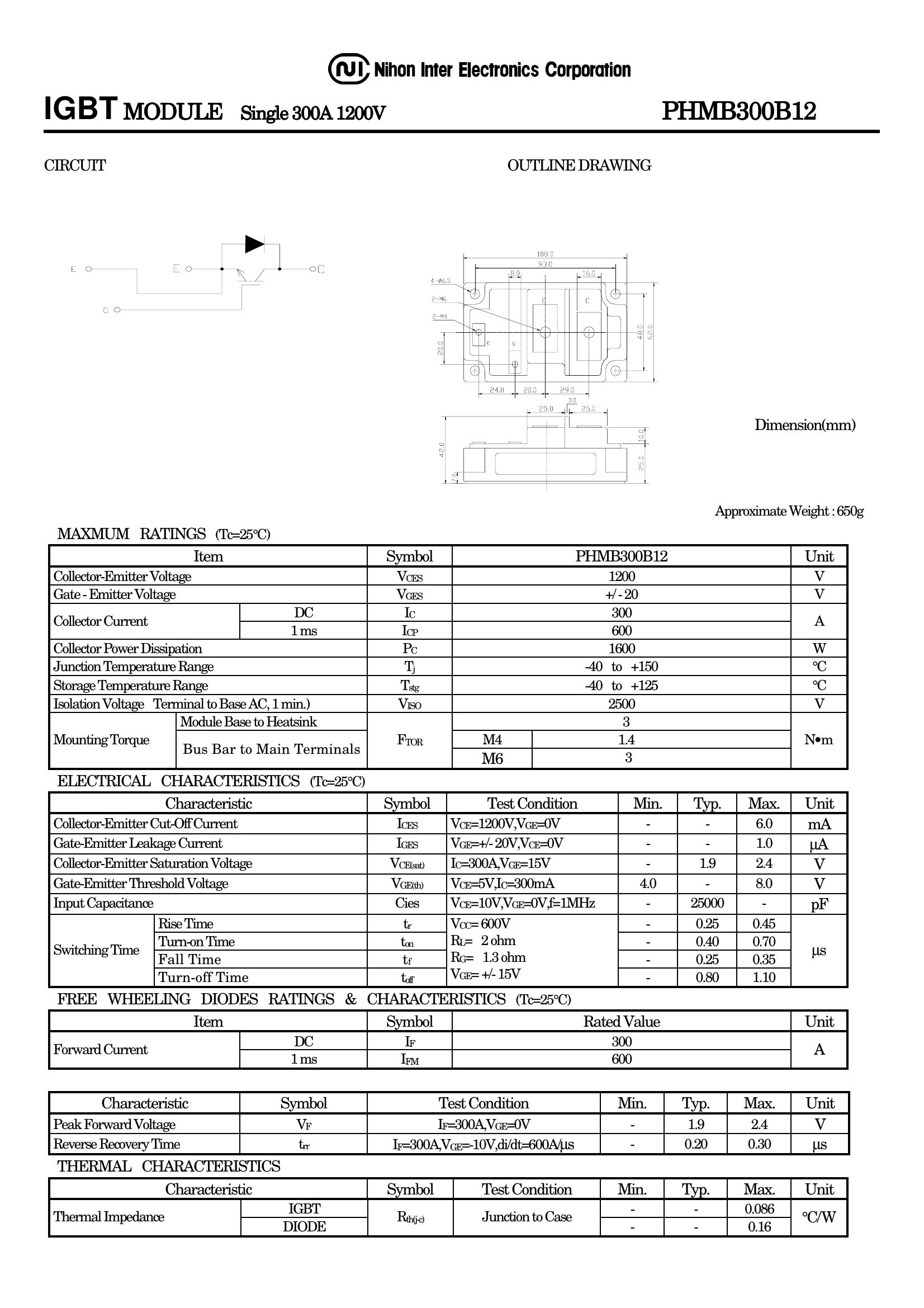PHMB300B12 NIEC IGBT Modules