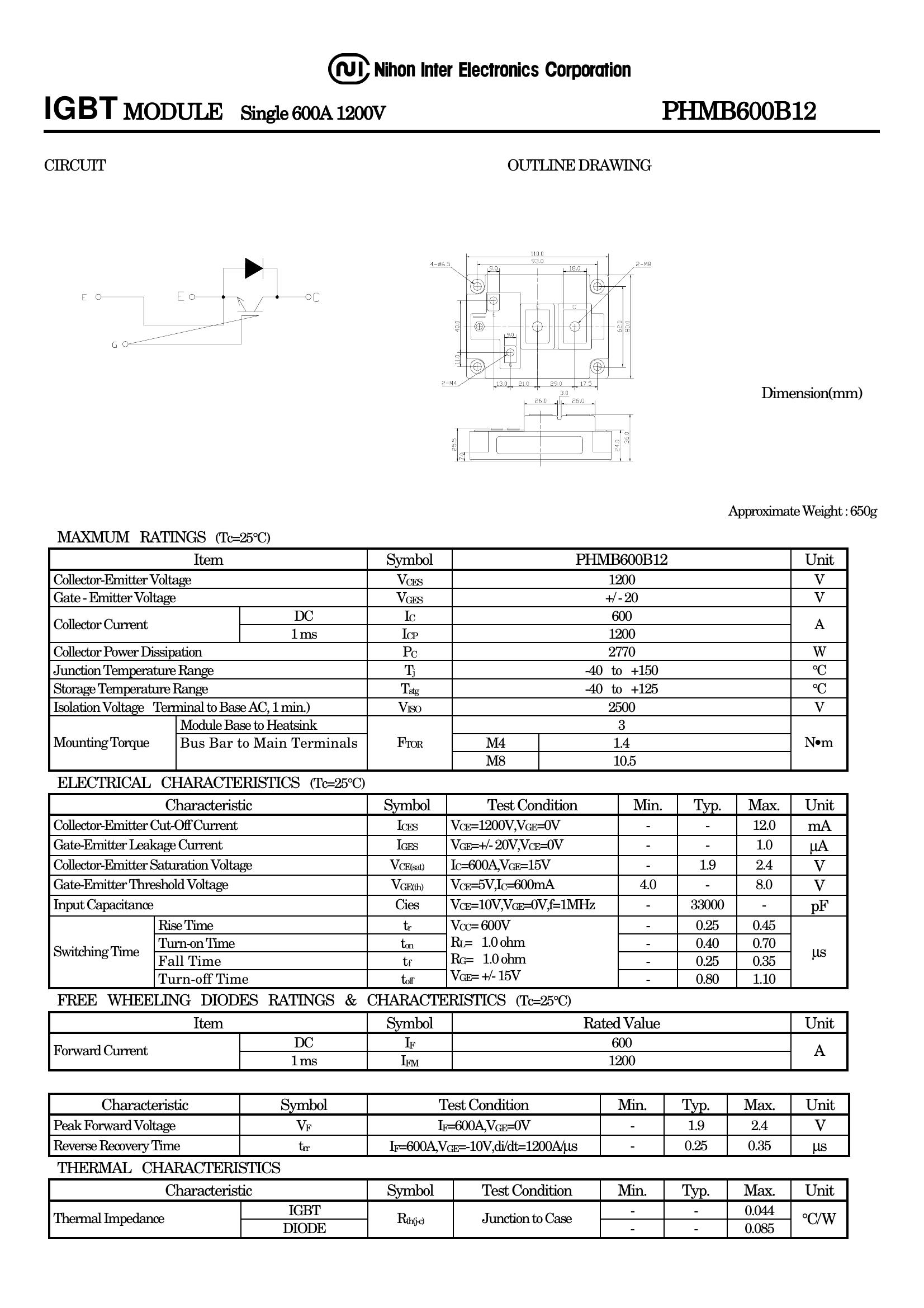 PHMB600B12 NIEC IGBT Modules