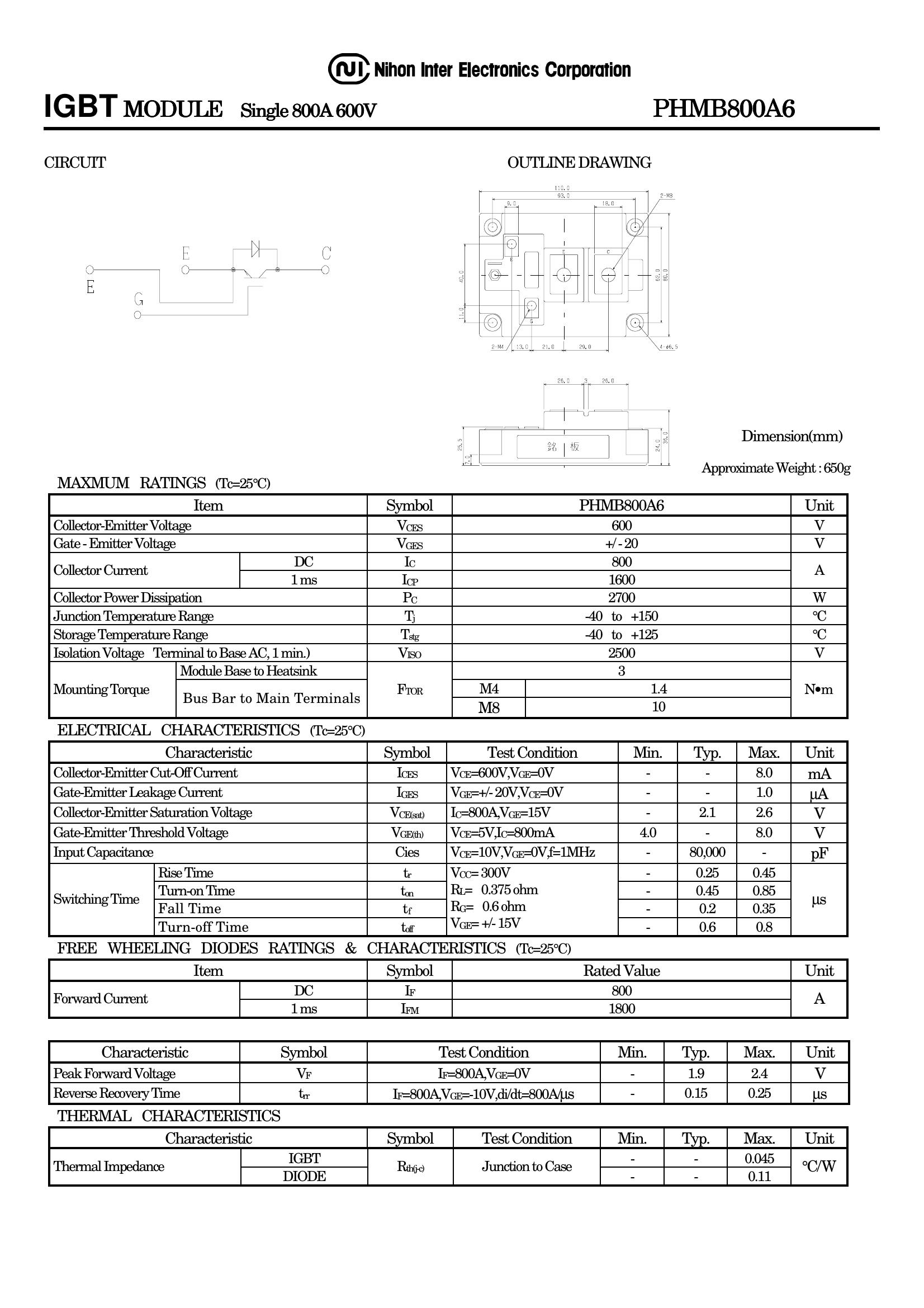 PHMB800A6 NIEC IGBT Modules