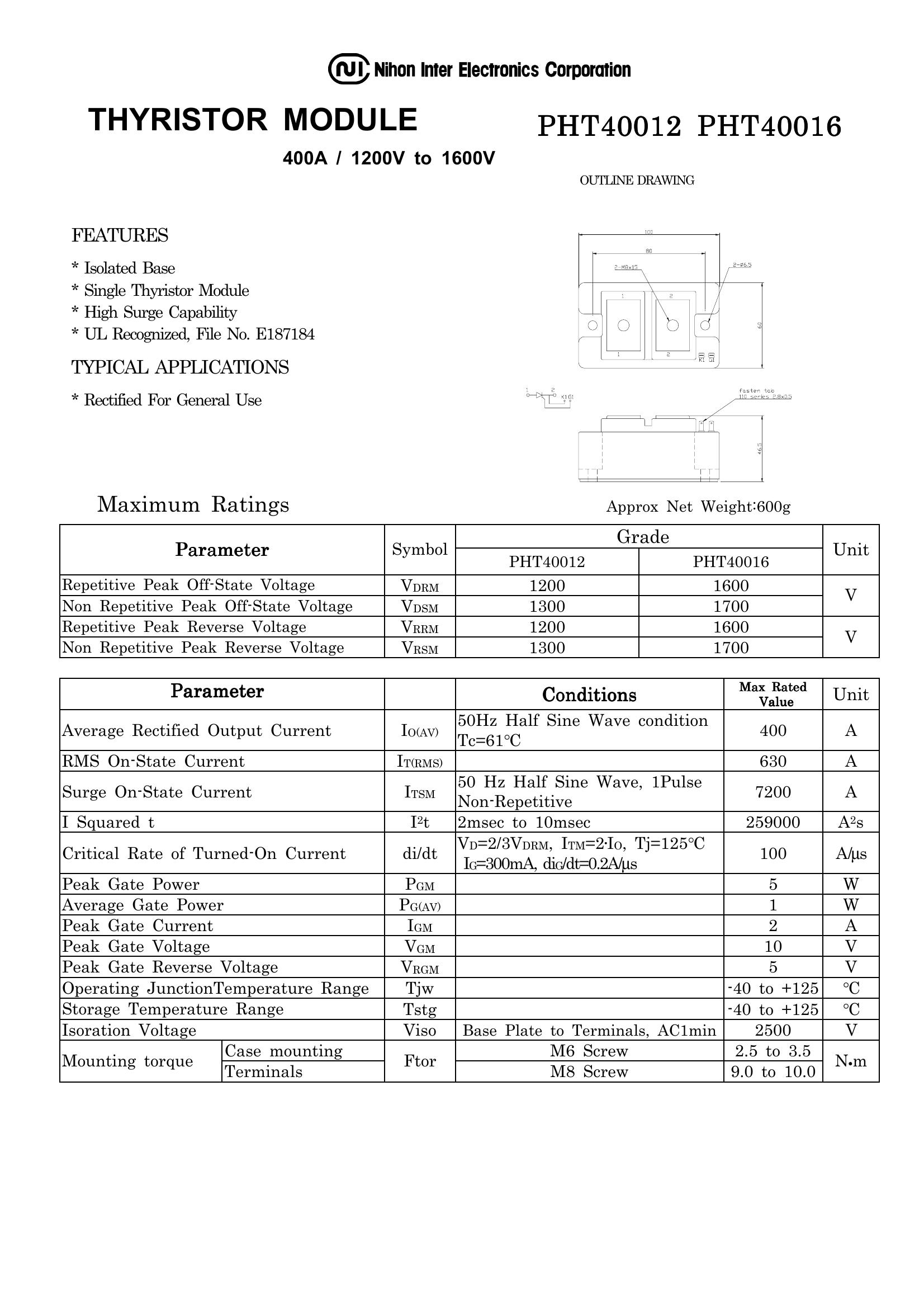 PHT40012 NIEC Thyristor & SCR Modules